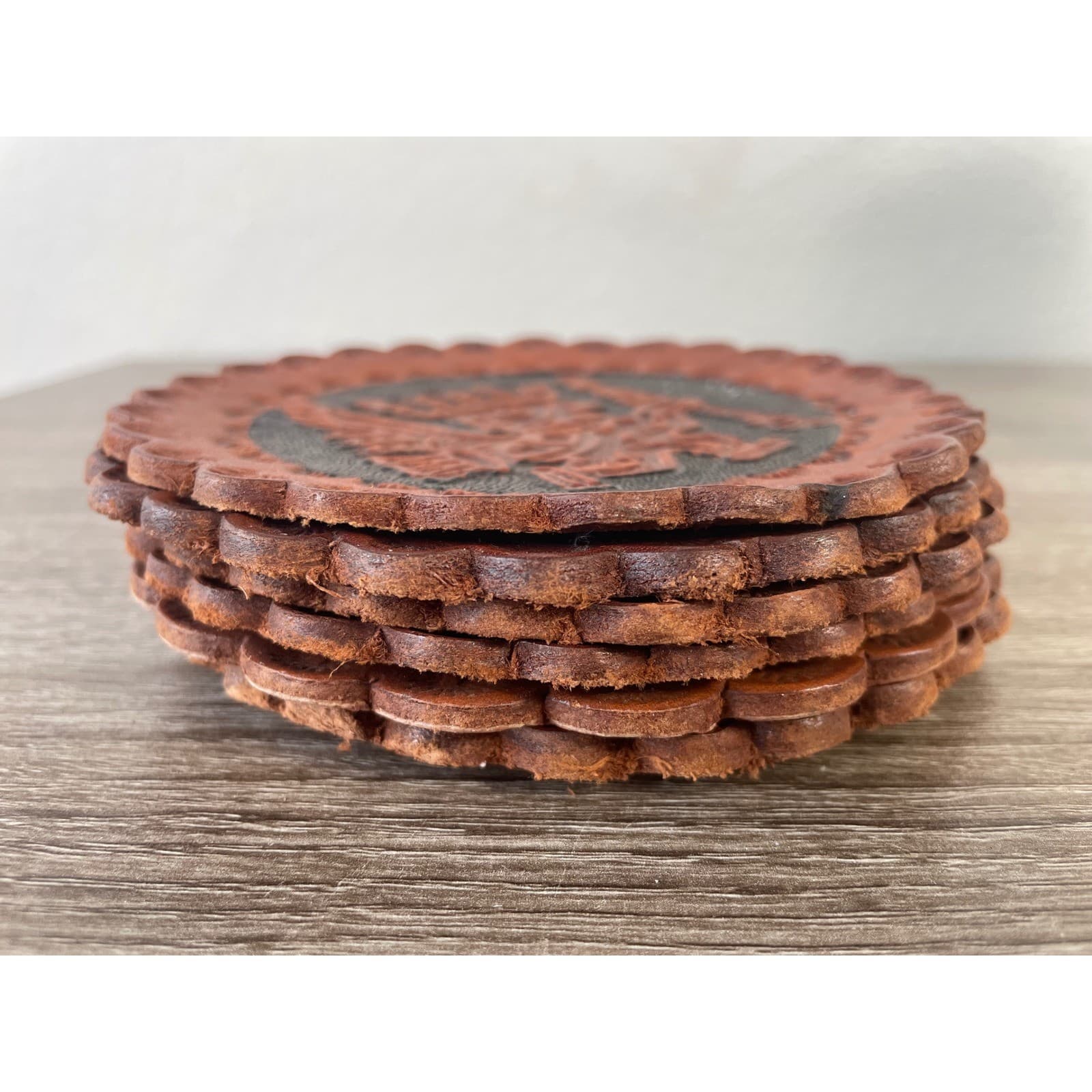 Vintage Set of 6 Peruvian Hand Tooled Leather Coasters Inca Andean Folk Art 5in - Thumbnail 13