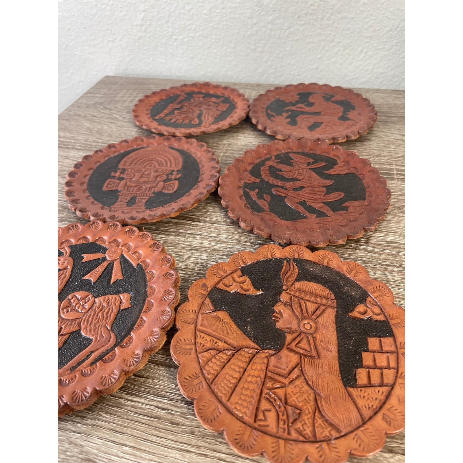 Vintage Set of 6 Peruvian Hand Tooled Leather Coasters Inca Andean Folk Art 5in - Thumbnail 11