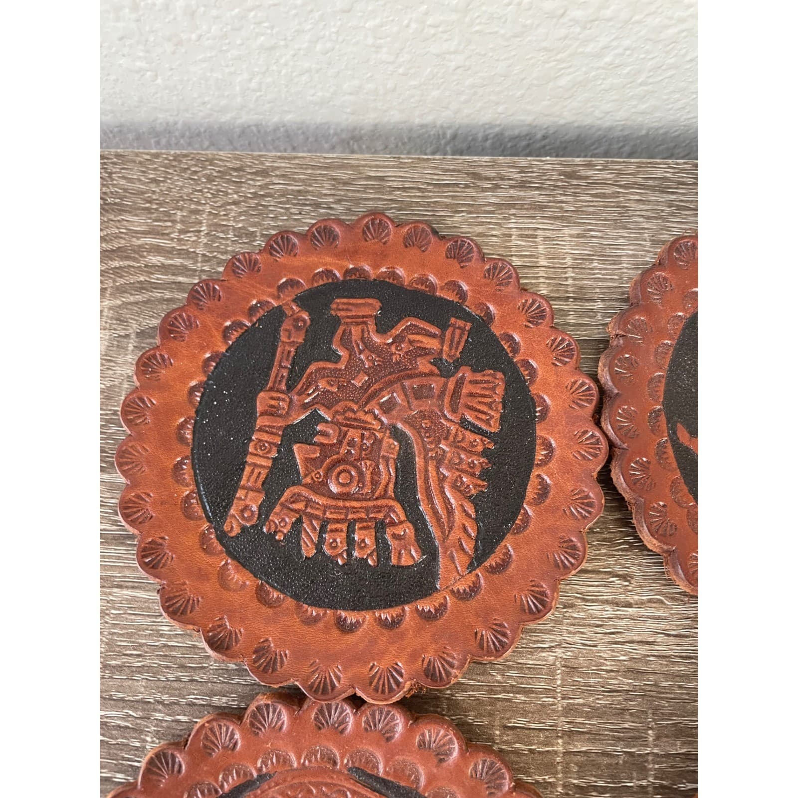 Vintage Set of 6 Peruvian Hand Tooled Leather Coasters Inca Andean Folk Art 5in - Thumbnail 5