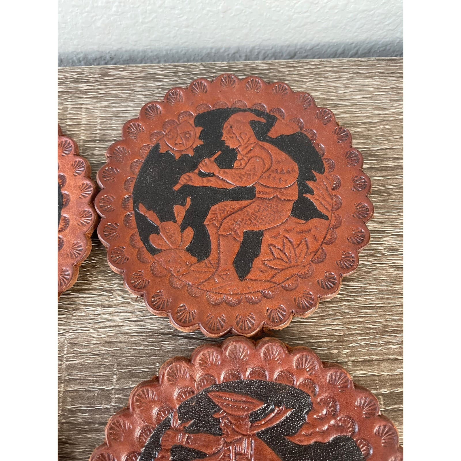 Vintage Set of 6 Peruvian Hand Tooled Leather Coasters Inca Andean Folk Art 5in - Thumbnail 6