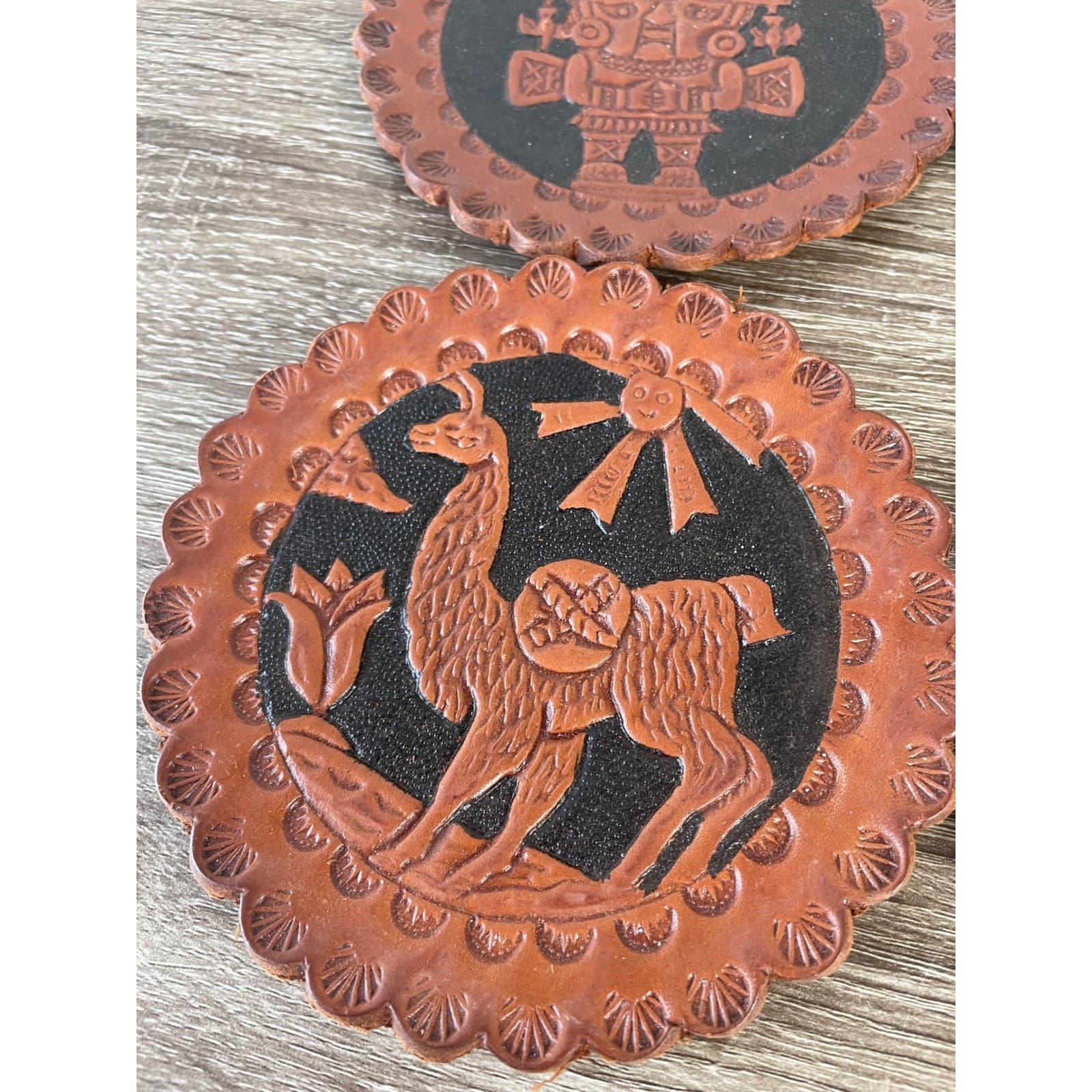 Vintage Set of 6 Peruvian Hand Tooled Leather Coasters Inca Andean Folk Art 5in - Thumbnail 9