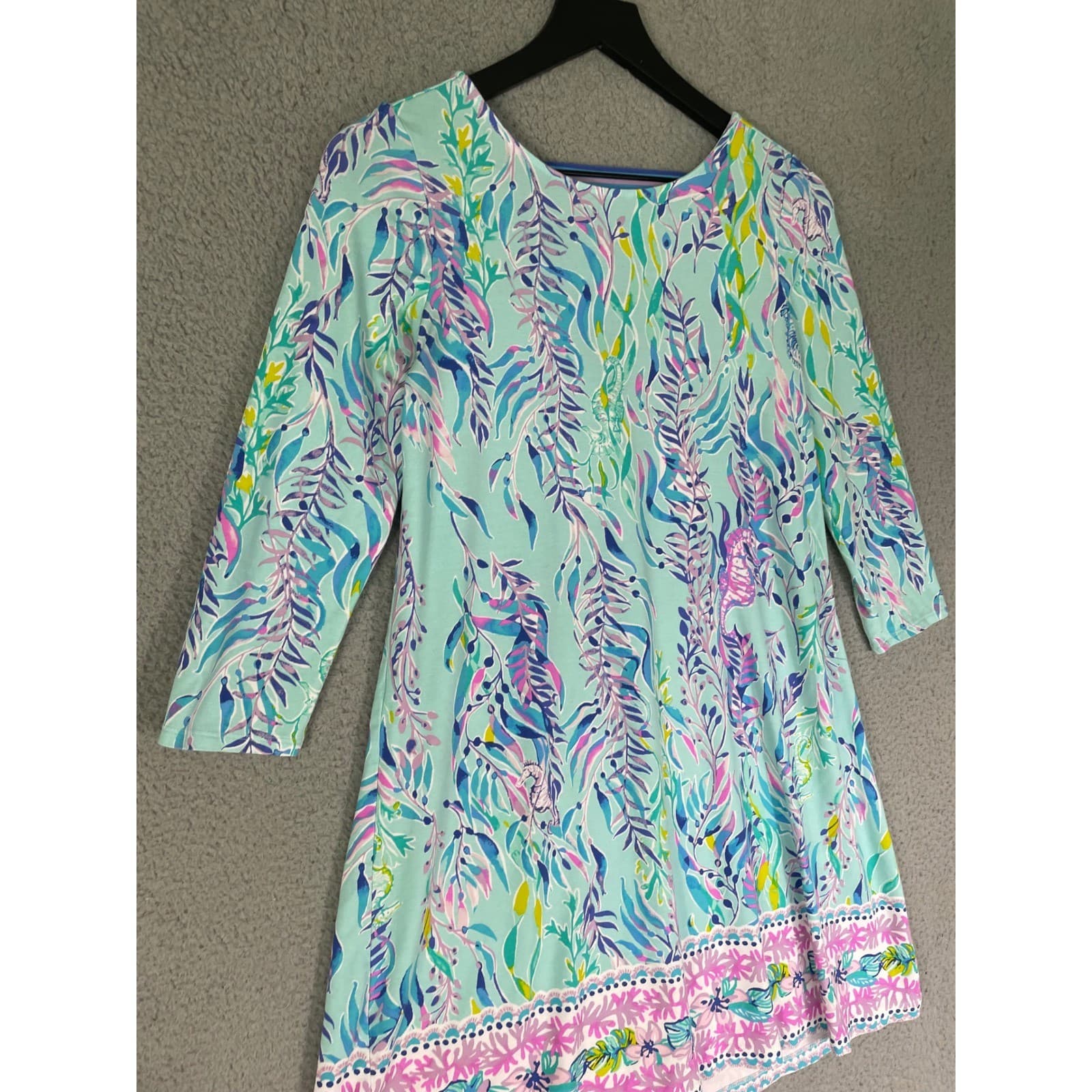 Lilly Pulitzer Sea Isle Tunic Dress Small Blue Pink Flamingo Palm 3/4 Sleeve - Thumbnail 9