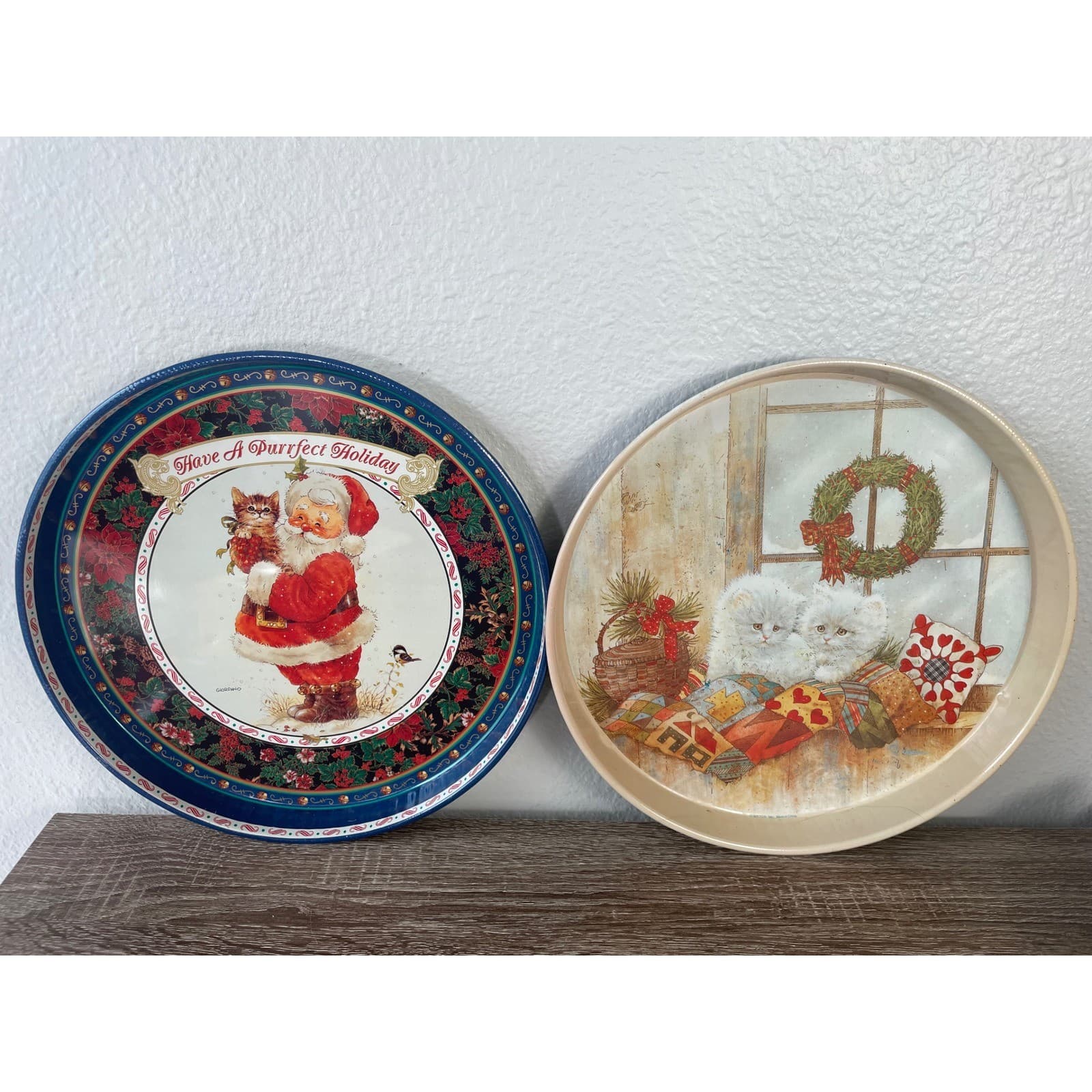 Vintage Christmas Tin Tray Set 2 Santa Kittens Purrfect Holiday Retro Decor 90s - Thumbnail 5