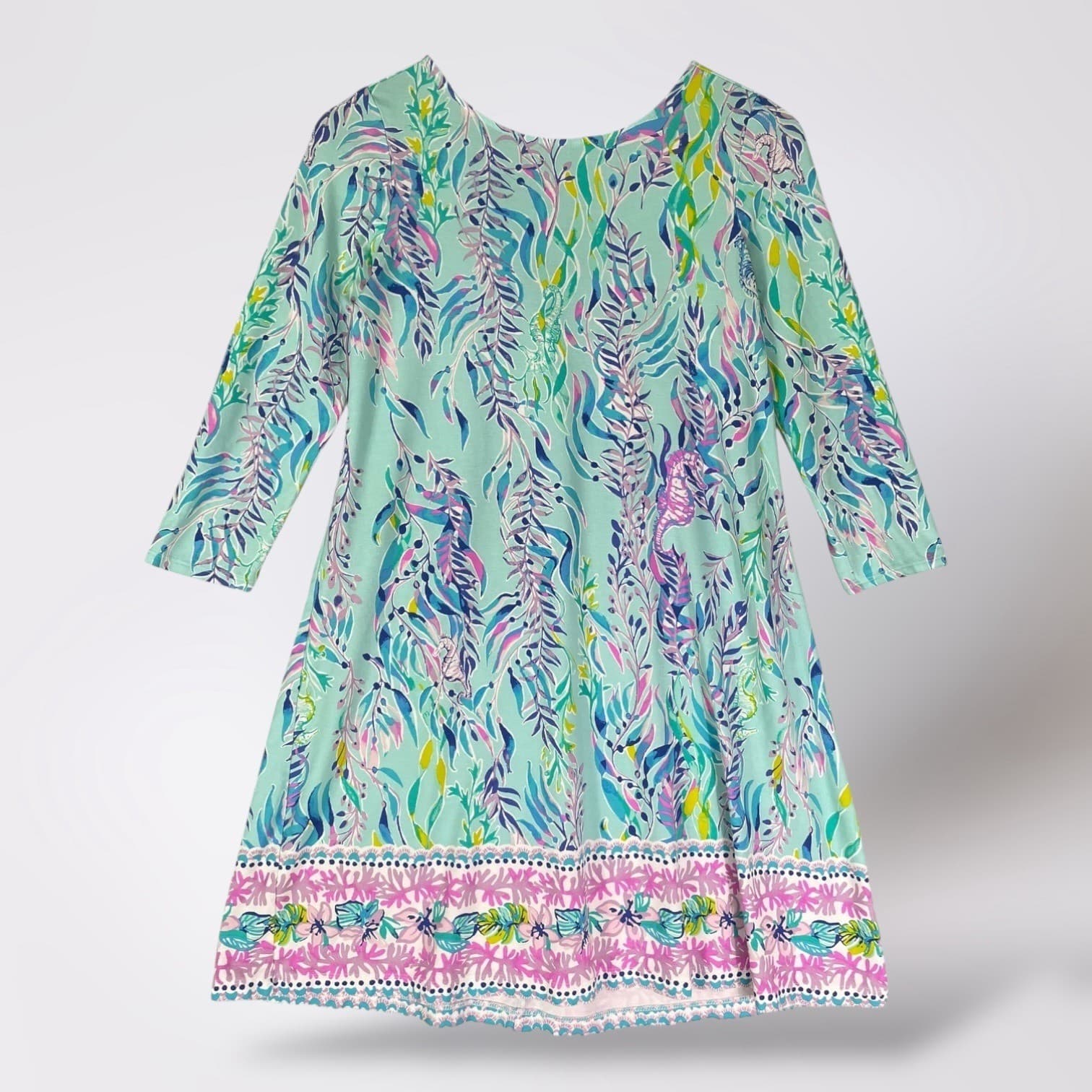 Lilly Pulitzer Sea Isle Tunic Dress Small Blue Pink Flamingo Palm 3/4 Sleeve - Thumbnail 2