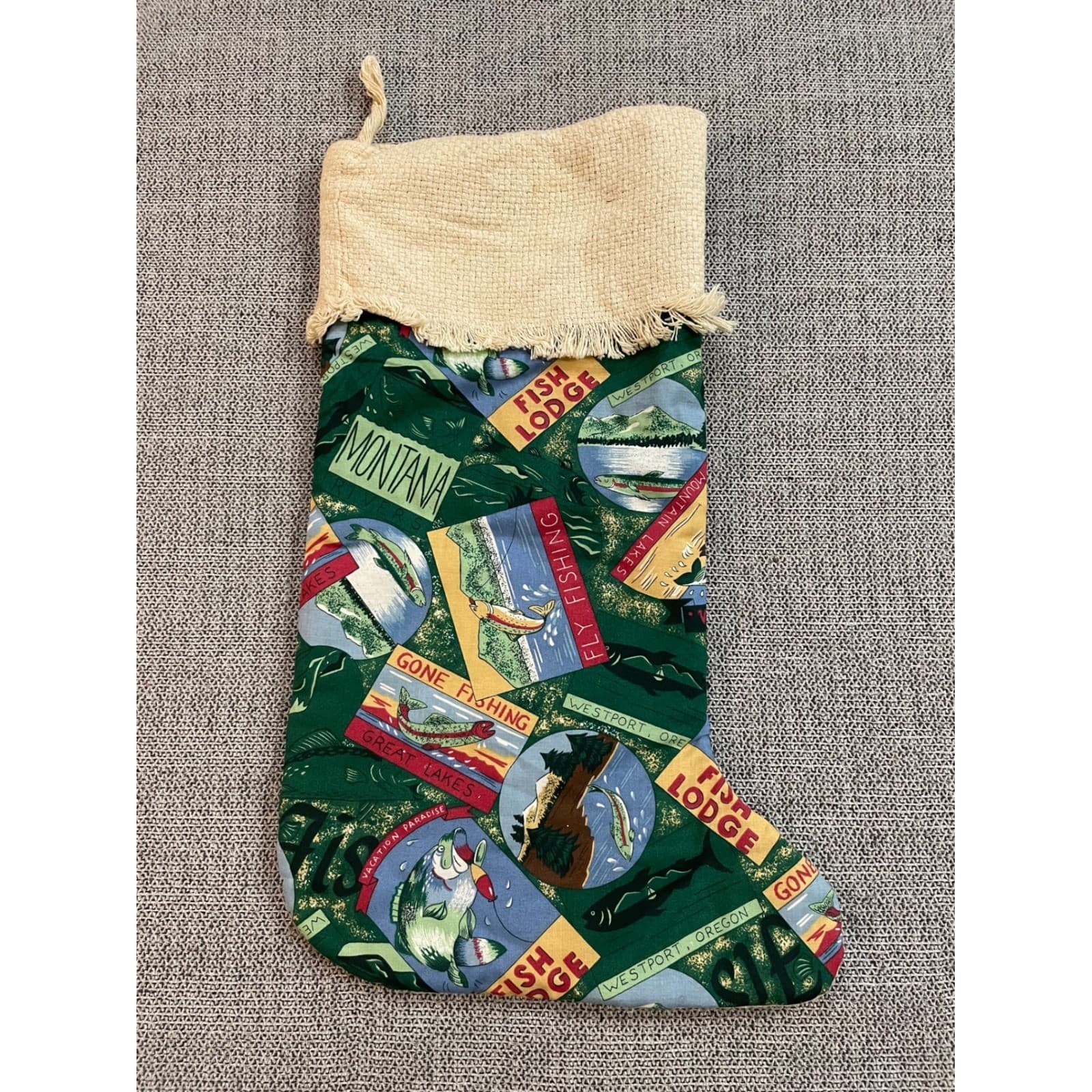 Rustic Fishing Lodge Christmas Stocking Bobber Lure Vintage Blend Burlap - Thumbnail 9