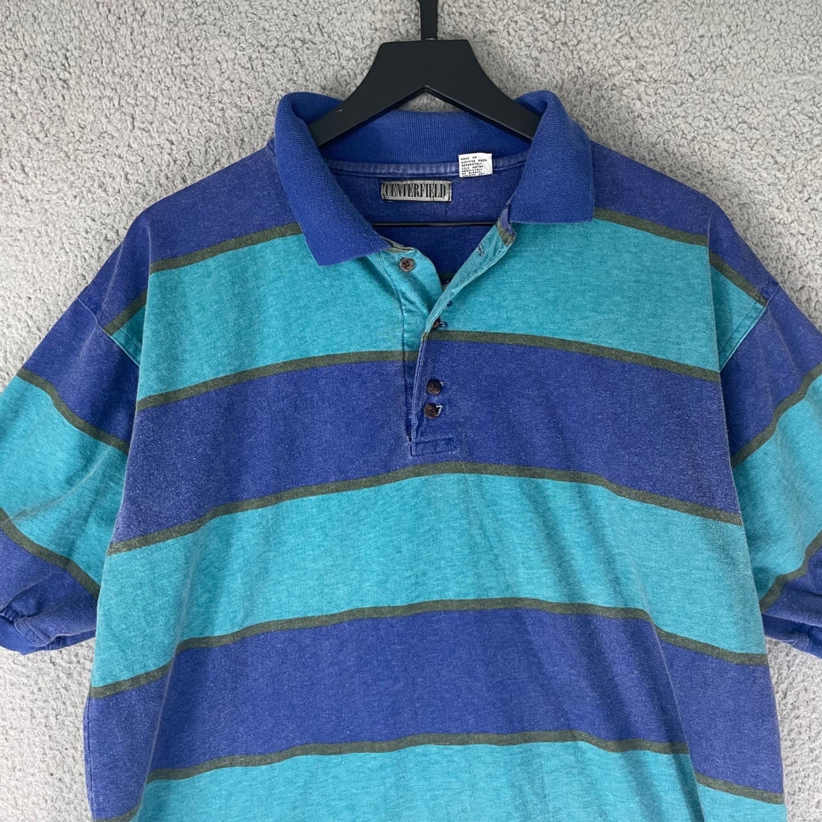 Centerfield Striped Polo Shirt Blue Teal Short Sleeve Cotton Mens Large - Thumbnail 9