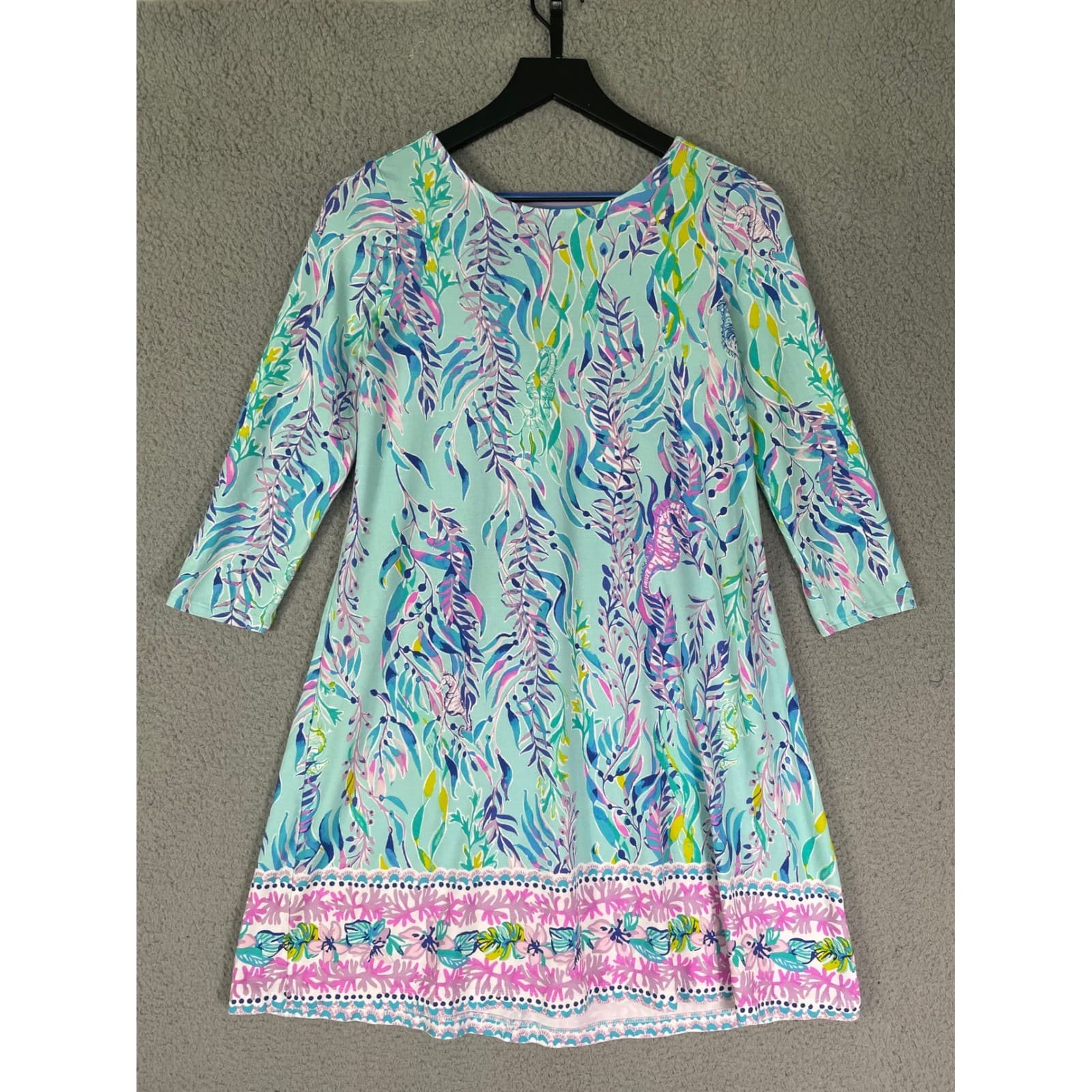 Lilly Pulitzer Sea Isle Tunic Dress Small Blue Pink Flamingo Palm 3/4 Sleeve - Thumbnail 7