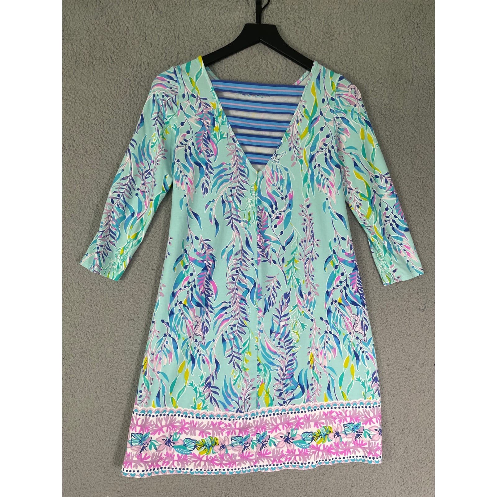 Lilly Pulitzer Sea Isle Tunic Dress Small Blue Pink Flamingo Palm 3/4 Sleeve - Thumbnail 8