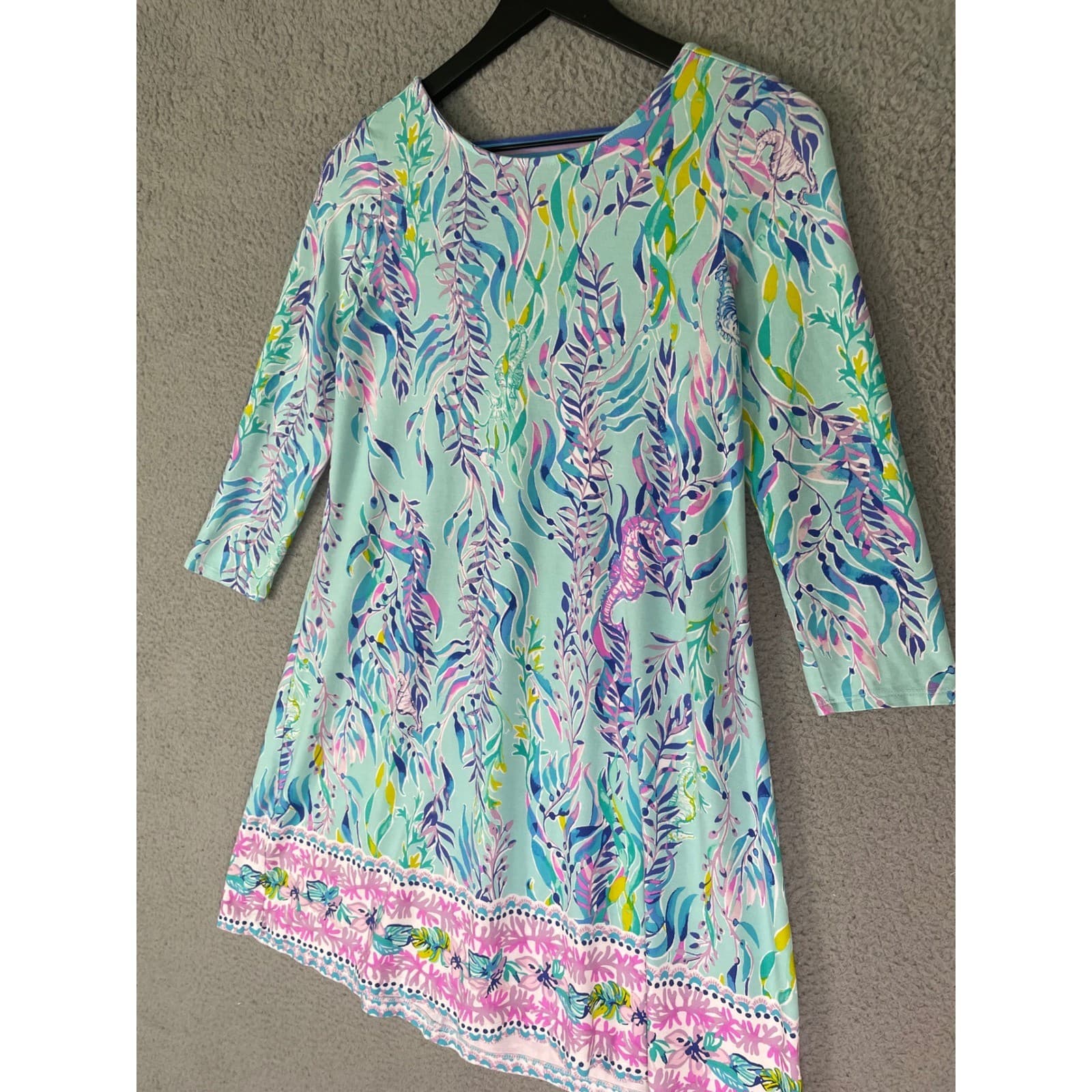 Lilly Pulitzer Sea Isle Tunic Dress Small Blue Pink Flamingo Palm 3/4 Sleeve - Thumbnail 10