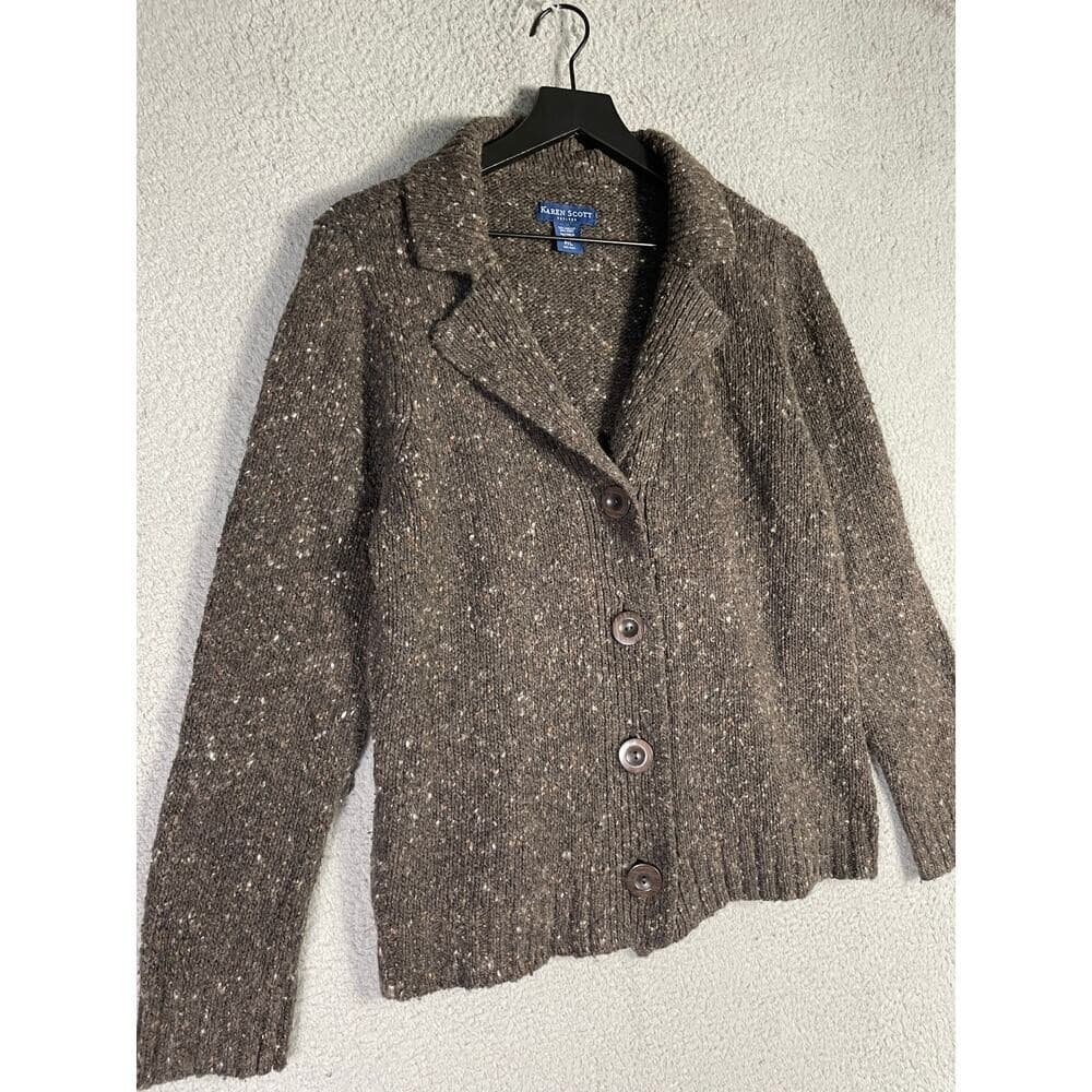 Karen Scott Wool Blend Tweed Knit Blazer Cardigan Brown Petite Large Button - Thumbnail 4