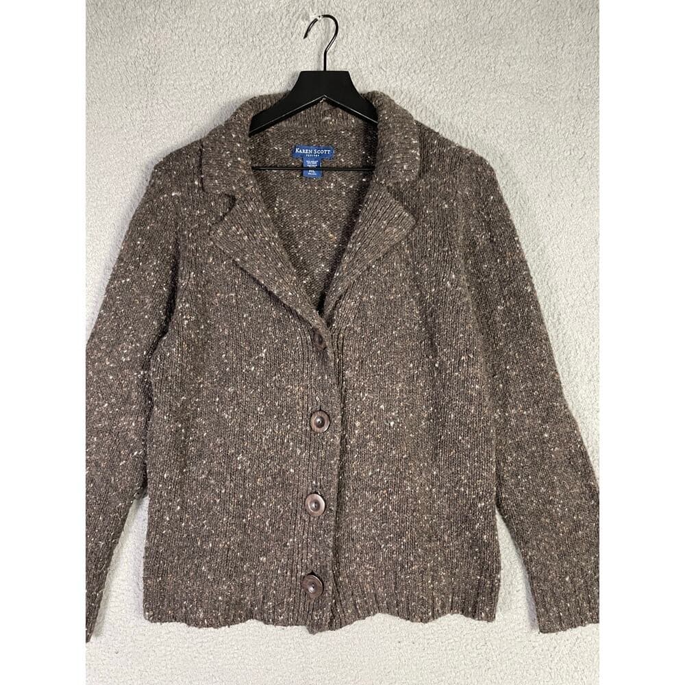 Karen Scott Wool Blend Tweed Knit Blazer Cardigan Brown Petite Large Button - Thumbnail 2
