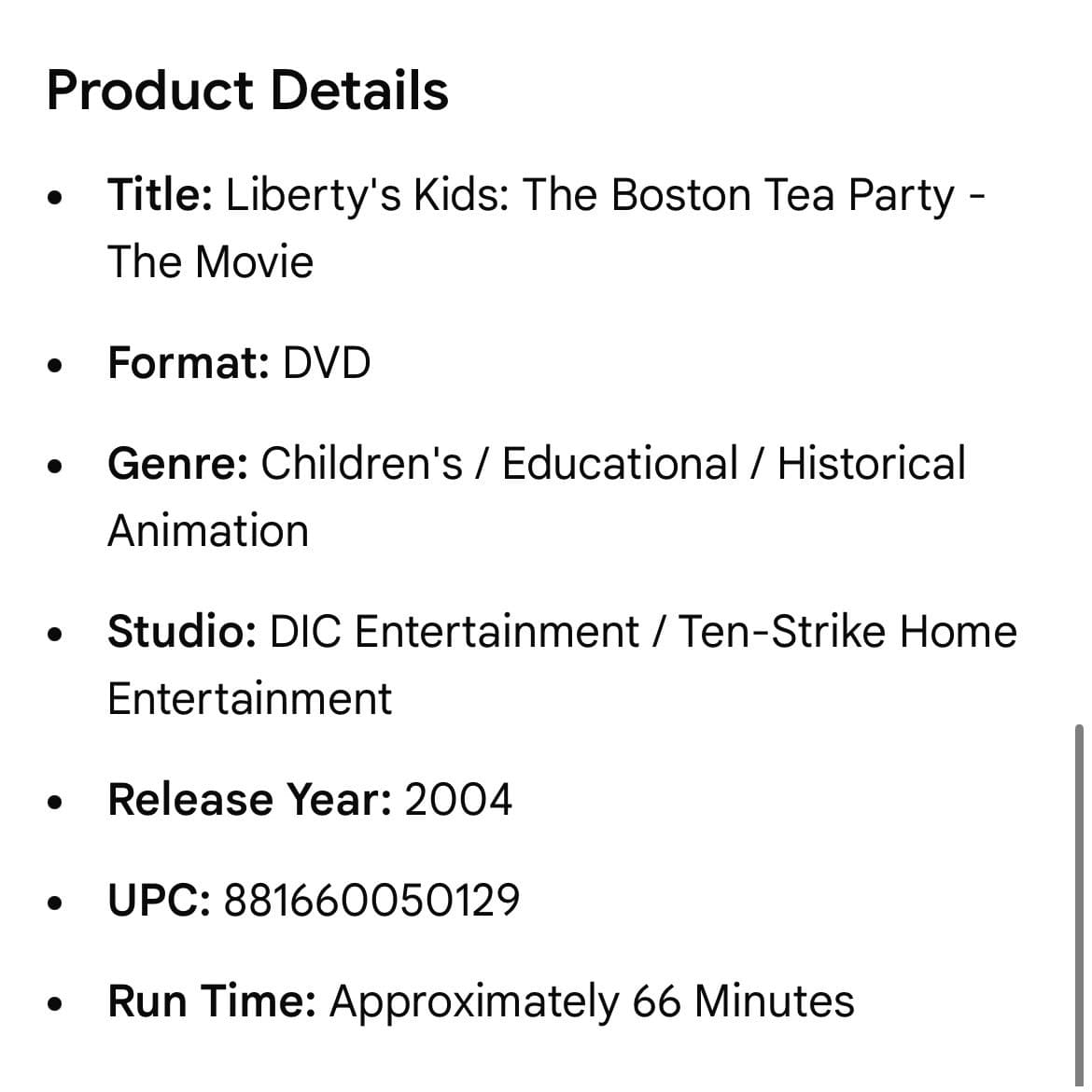 Libertys Kids Boston Tea Party DVD 2004 Movie DIC Educational History Cartoon V1 - Thumbnail 2