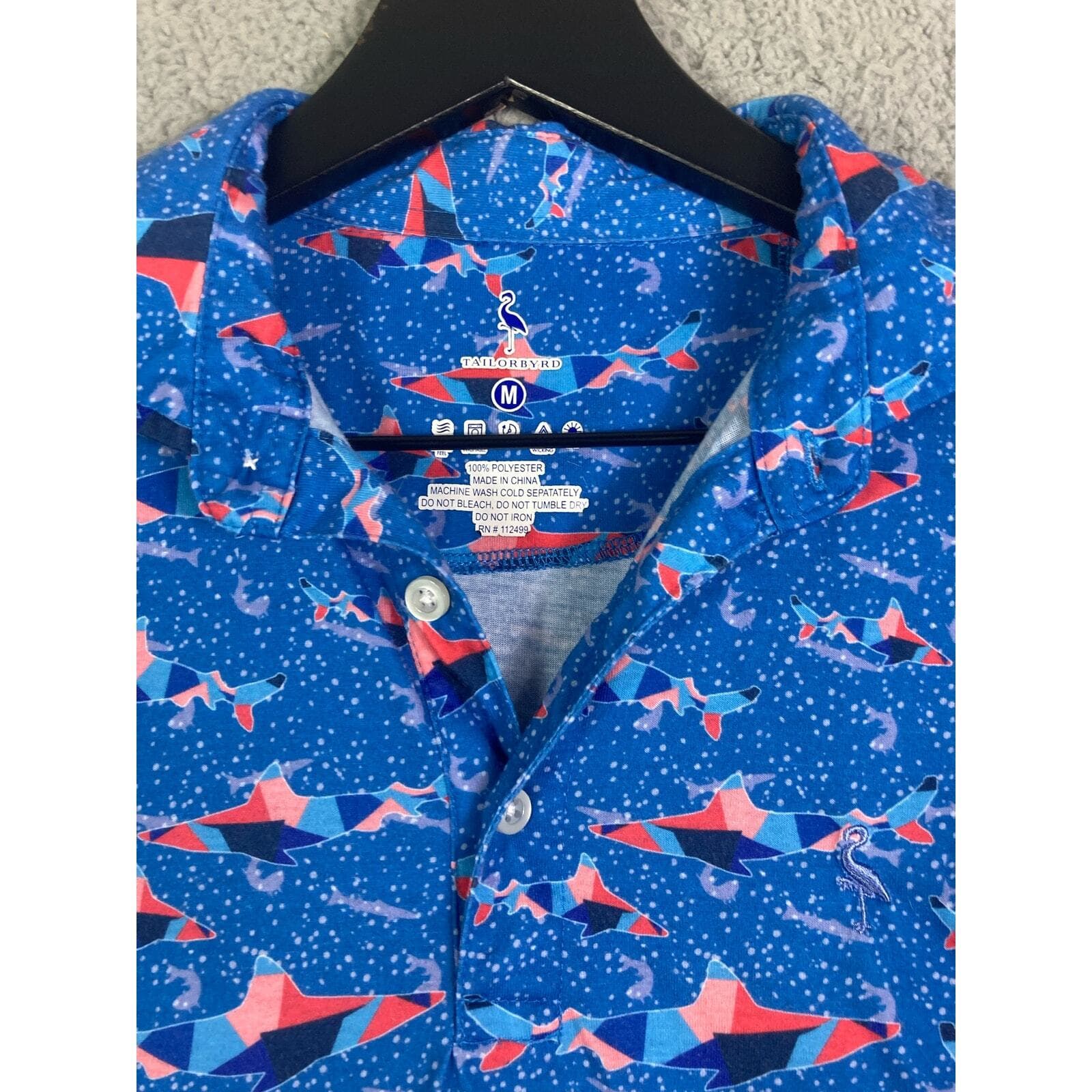 Tailorbyrd Polo Shirt Mens M Blue Shark Graphic Print Performance Golf Tee Gym - Thumbnail 4