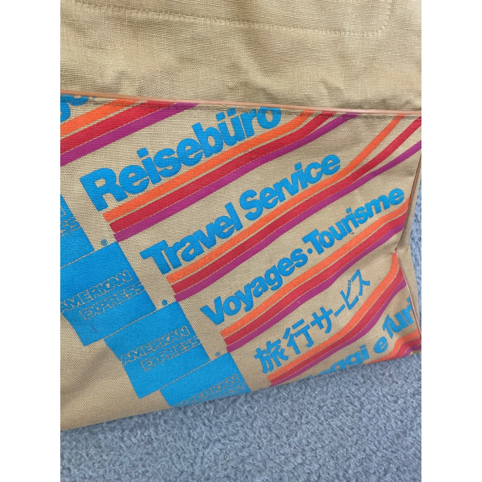 American Express Vintage Canvas Duffle Bag Beige Blue Logo Travel Weekender - Thumbnail 6