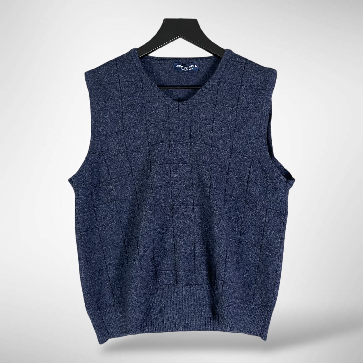 John Ashford Navy Blue V-Neck Sweater Vest Textured Knit Made in Italy Mens