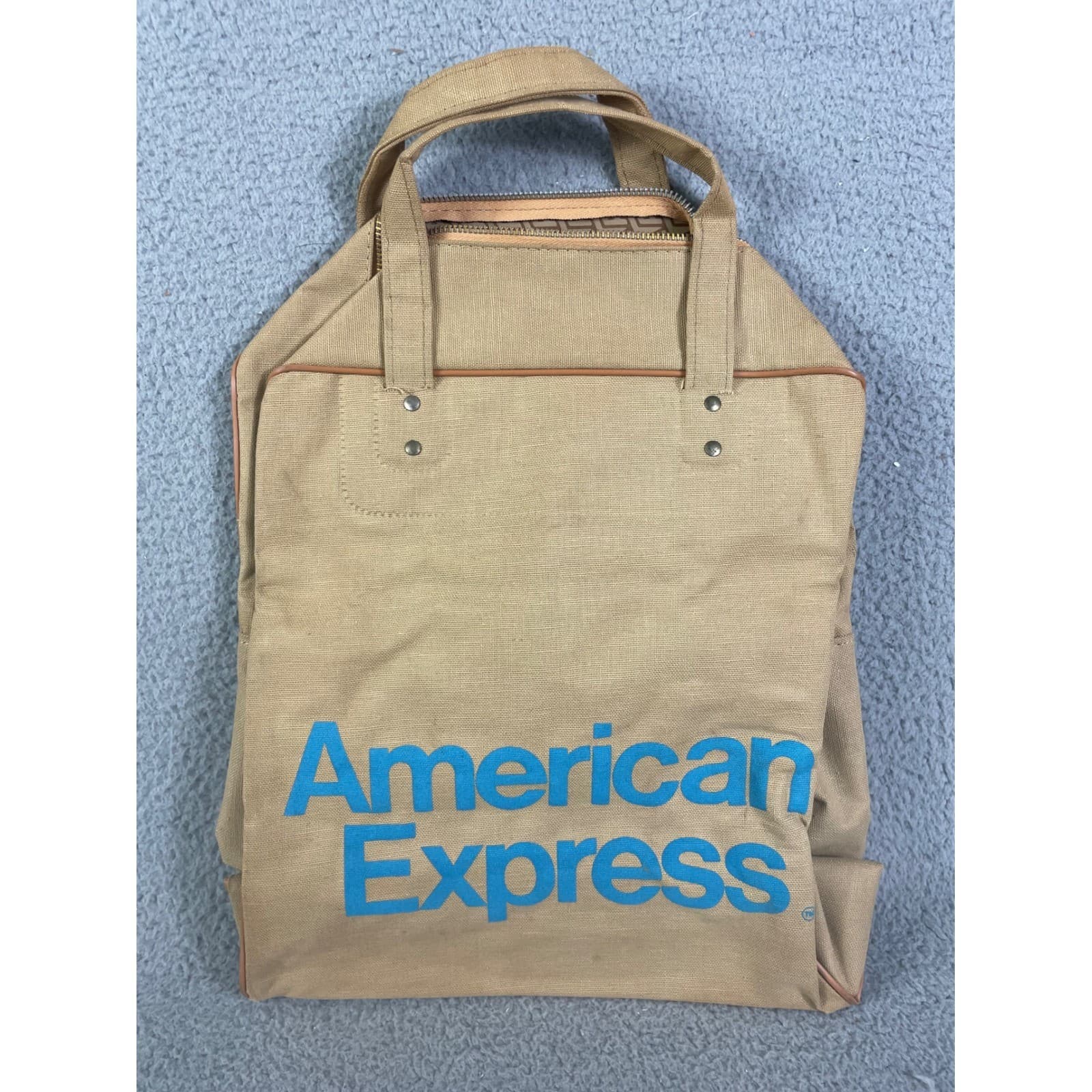 American Express Vintage Canvas Duffle Bag Beige Blue Logo Travel Weekender - Thumbnail 3