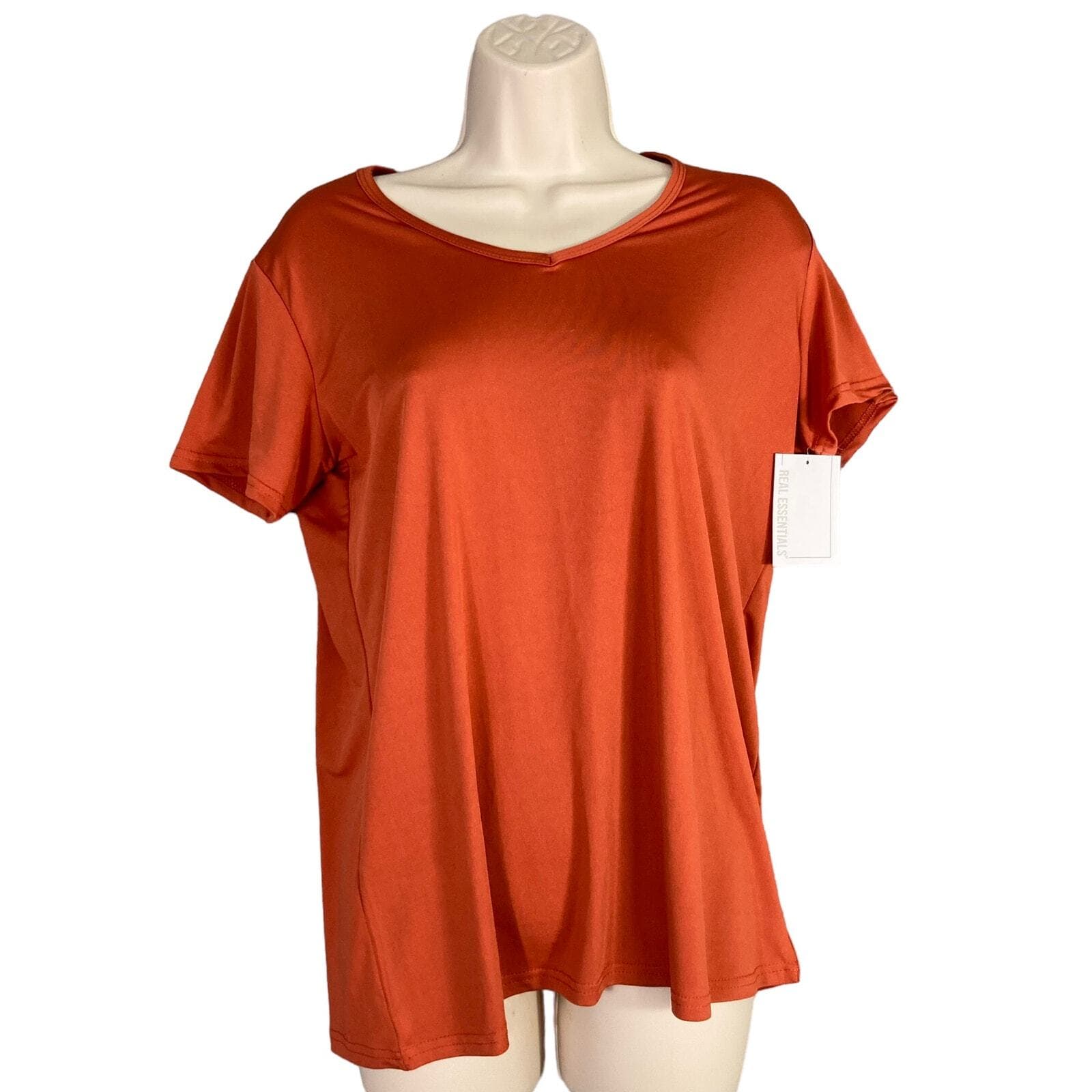 Real Essentials Womens Medium Orange V Neck Athletic Workout Gym Active Tee - Thumbnail 2
