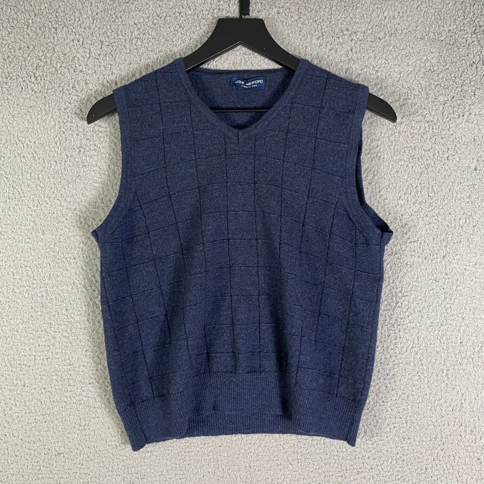 John Ashford Navy Blue V-Neck Sweater Vest Textured Knit Made in Italy Mens - Thumbnail 3