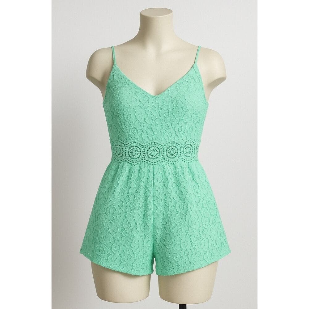 Womens Small Mint Green Lace Romper Spaghetti Strap Fit Flare Summer Outfit - Thumbnail 2
