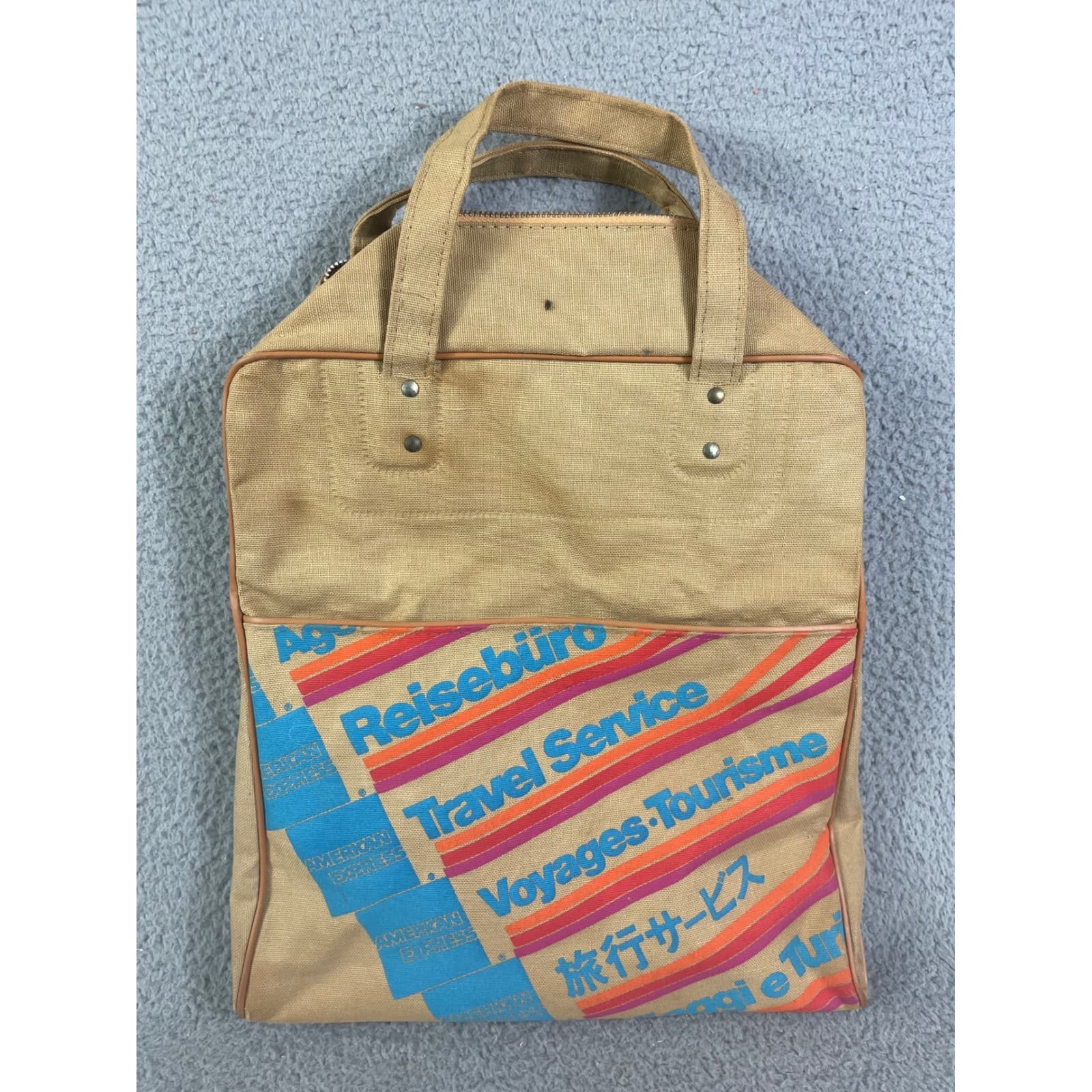 American Express Vintage Canvas Duffle Bag Beige Blue Logo Travel Weekender - Thumbnail 4
