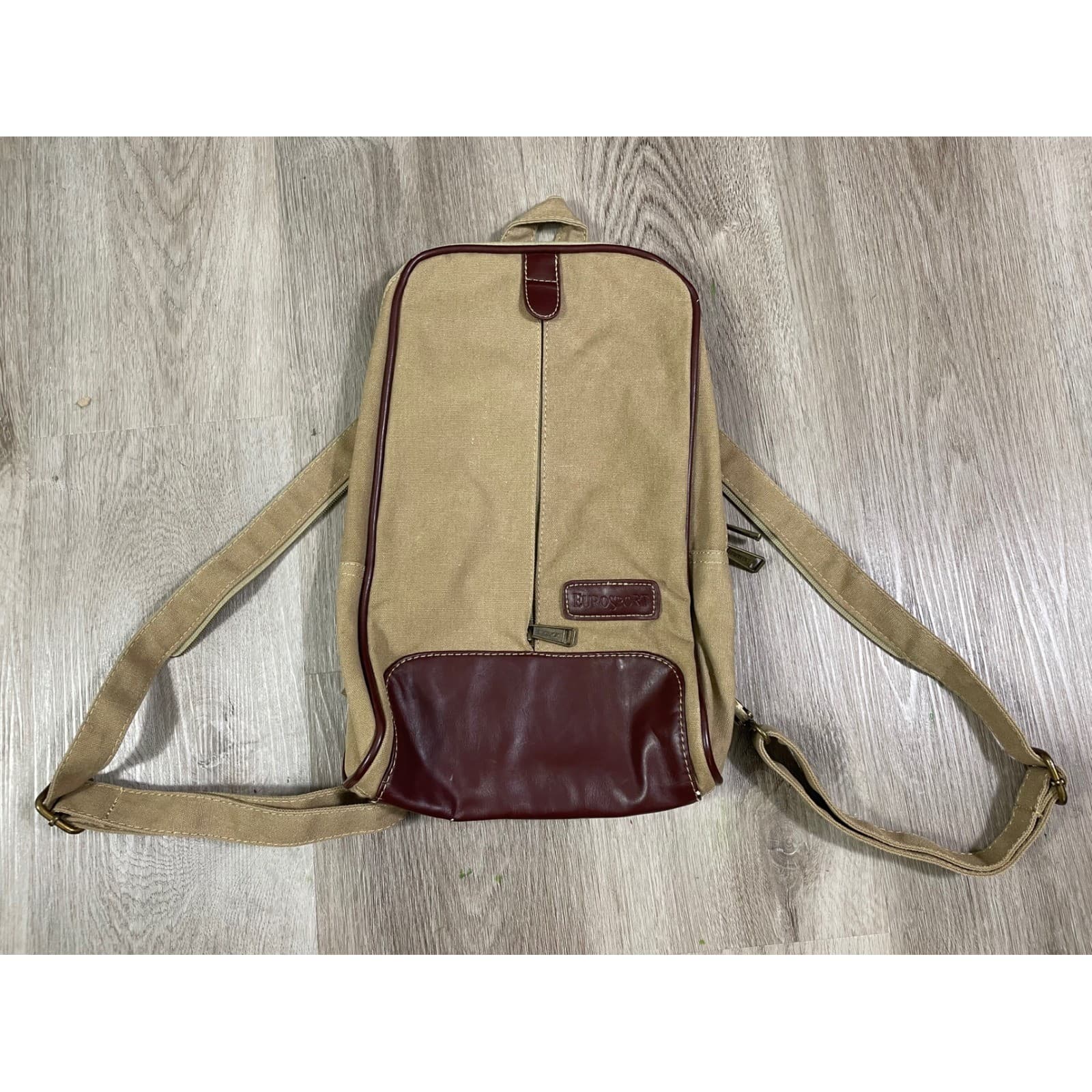 Eurosport Tan Canvas Sling Backpack Brown Faux Leather Zip Travel Bag Vintage - Thumbnail 5