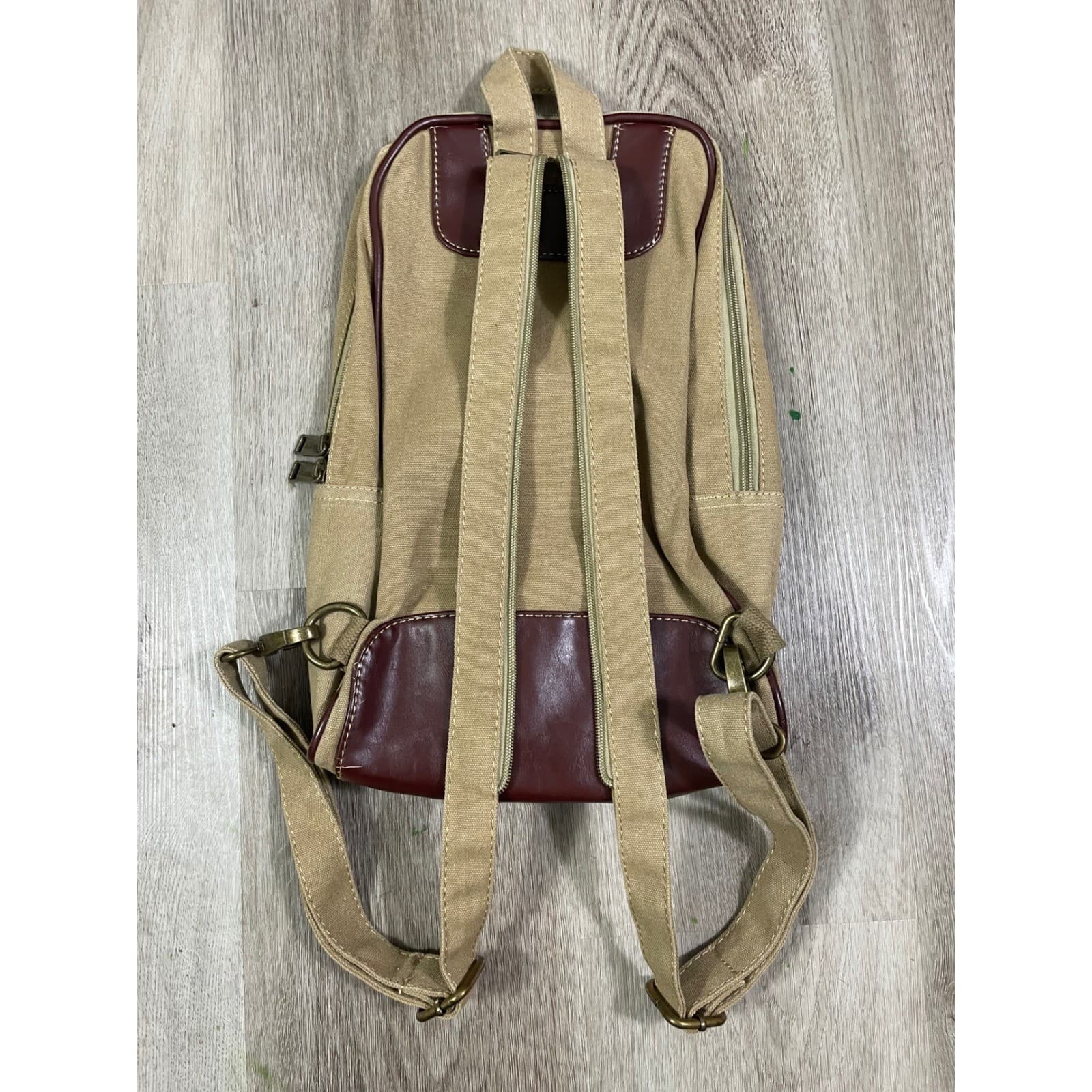 Eurosport Tan Canvas Sling Backpack Brown Faux Leather Zip Travel Bag Vintage - Thumbnail 11