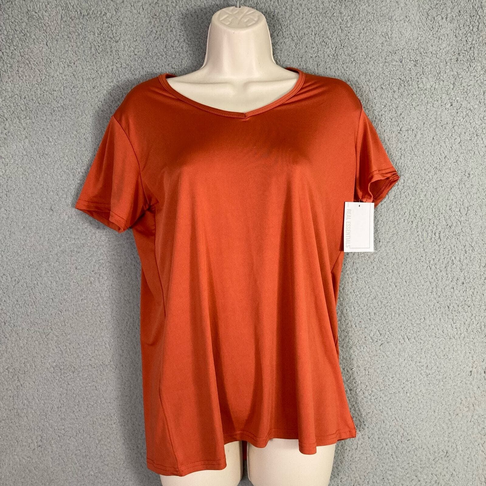 Real Essentials Womens Medium Orange V Neck Athletic Workout Gym Active Tee - Thumbnail 7