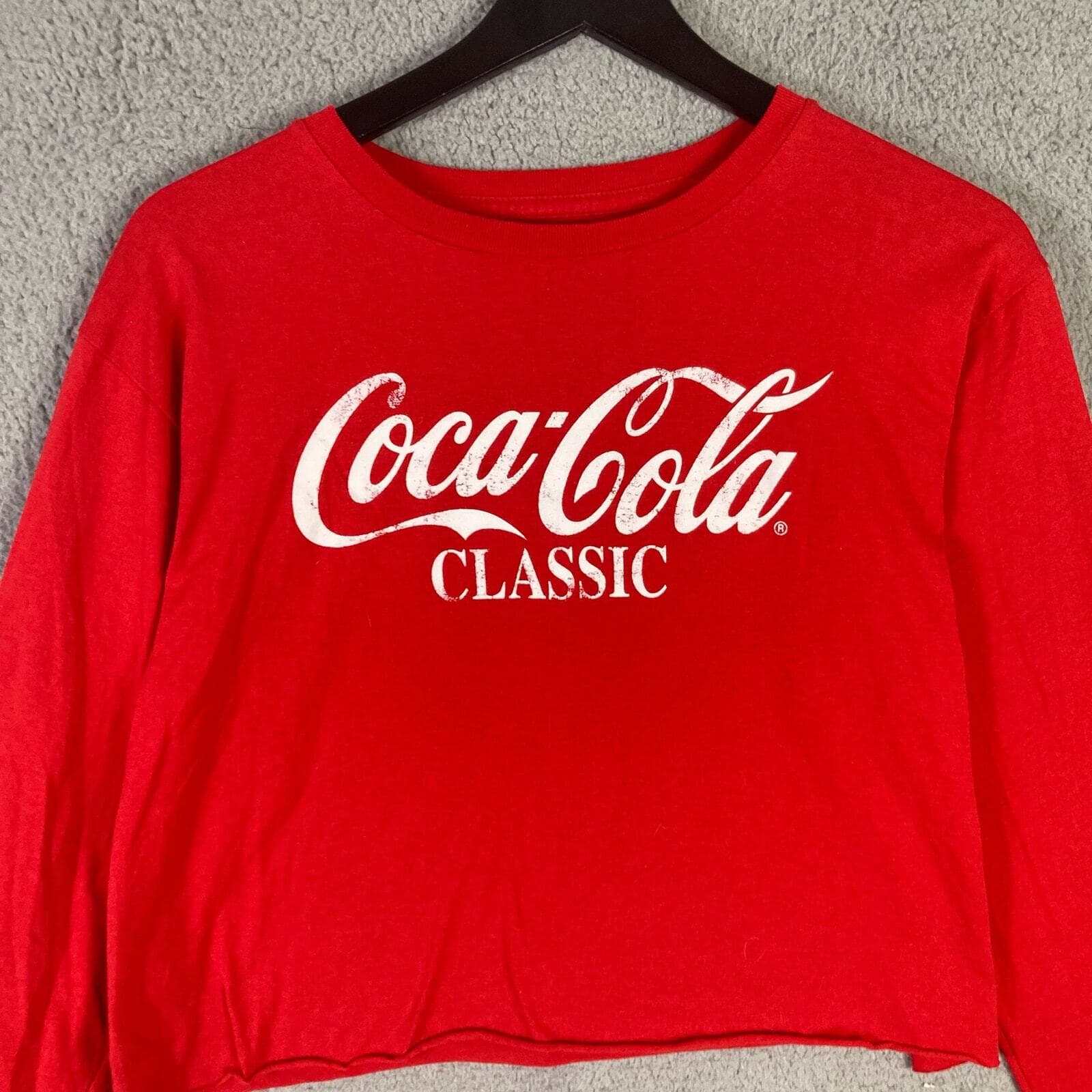 Coca Cola Classic Logo Cropped Long Sleeve T Shirt Red Unisex Large Graphic - Thumbnail 4