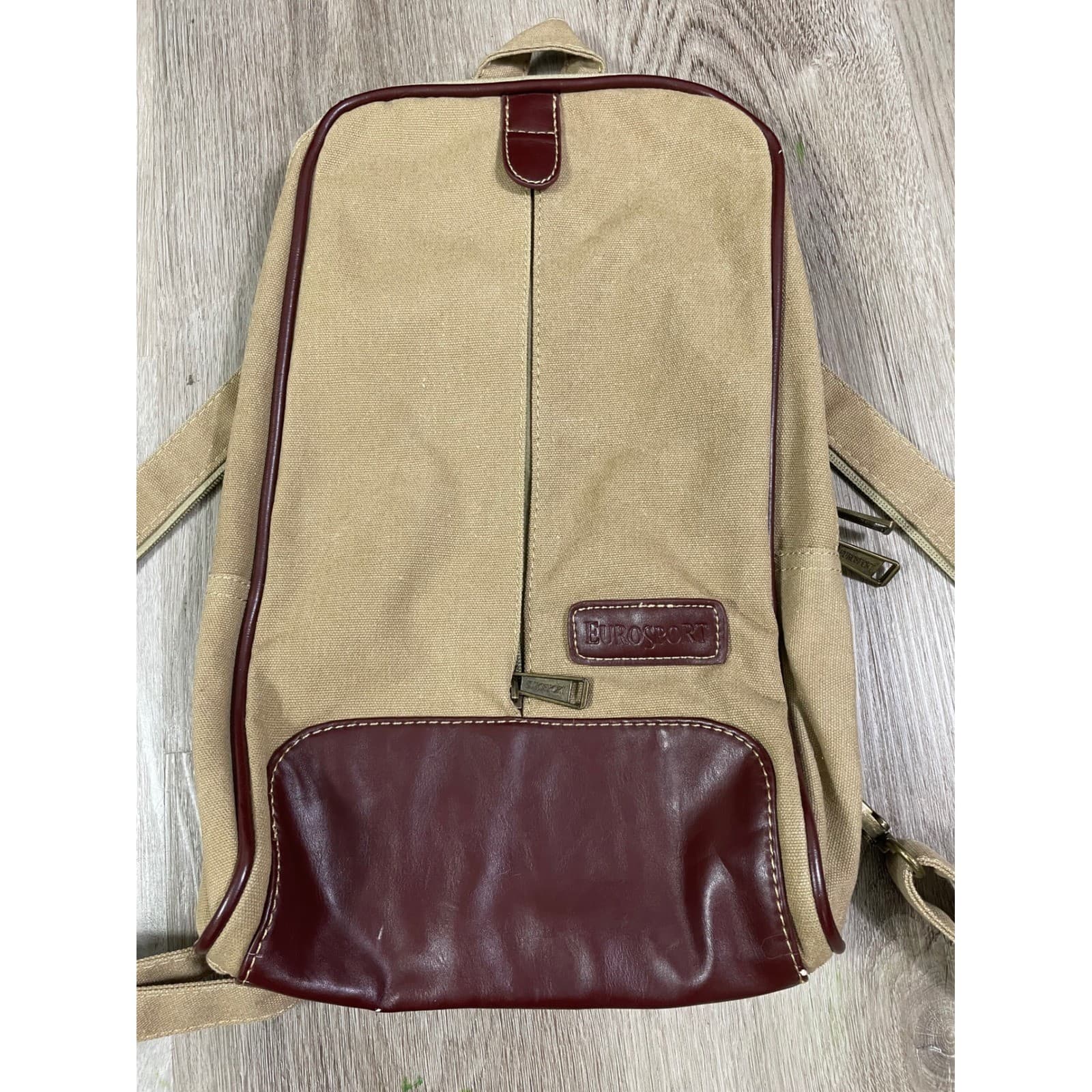 Eurosport Tan Canvas Sling Backpack Brown Faux Leather Zip Travel Bag Vintage - Thumbnail 7