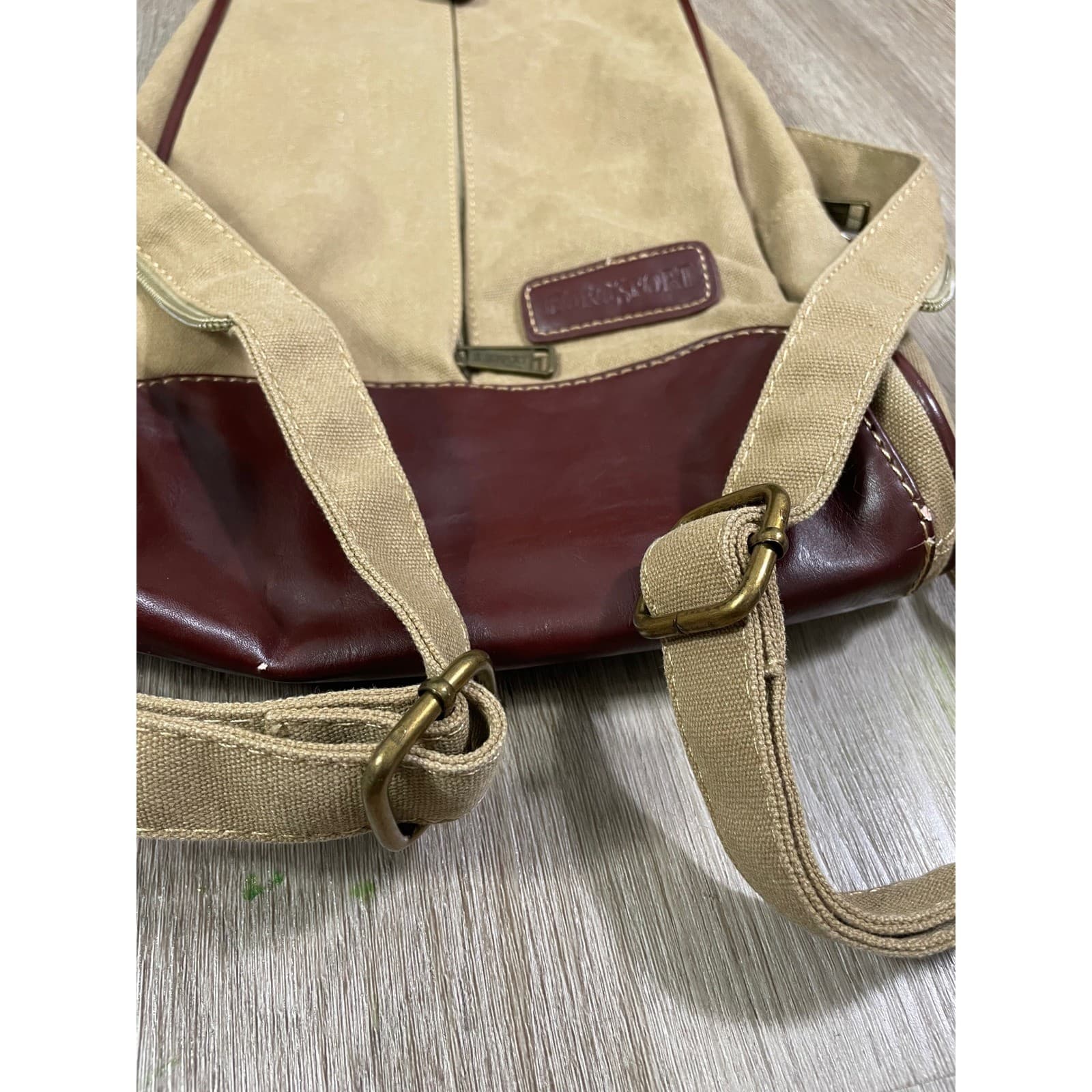 Eurosport Tan Canvas Sling Backpack Brown Faux Leather Zip Travel Bag Vintage - Thumbnail 10