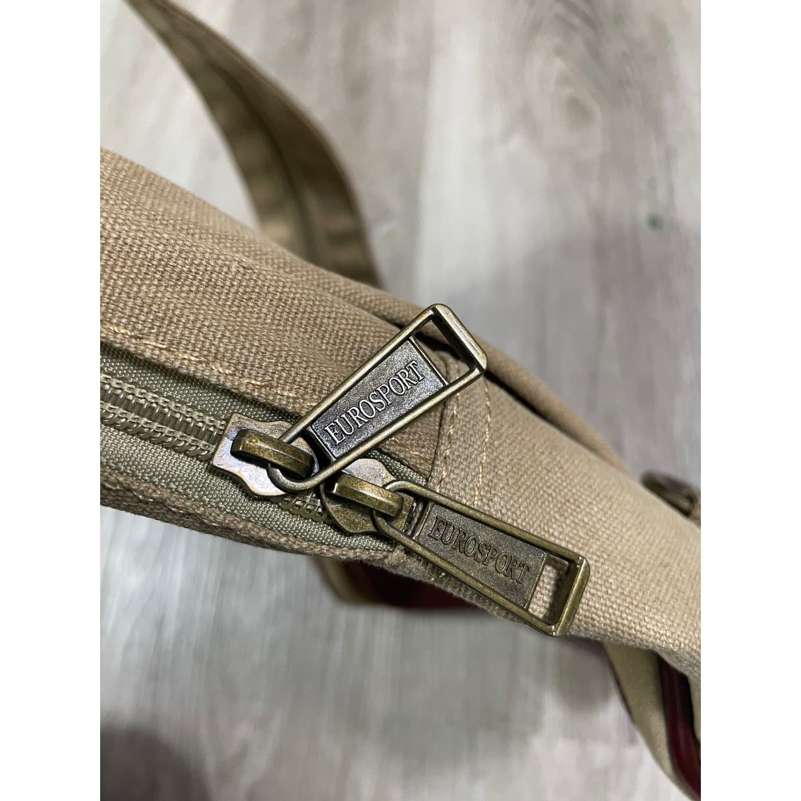 Eurosport Tan Canvas Sling Backpack Brown Faux Leather Zip Travel Bag Vintage - Thumbnail 13