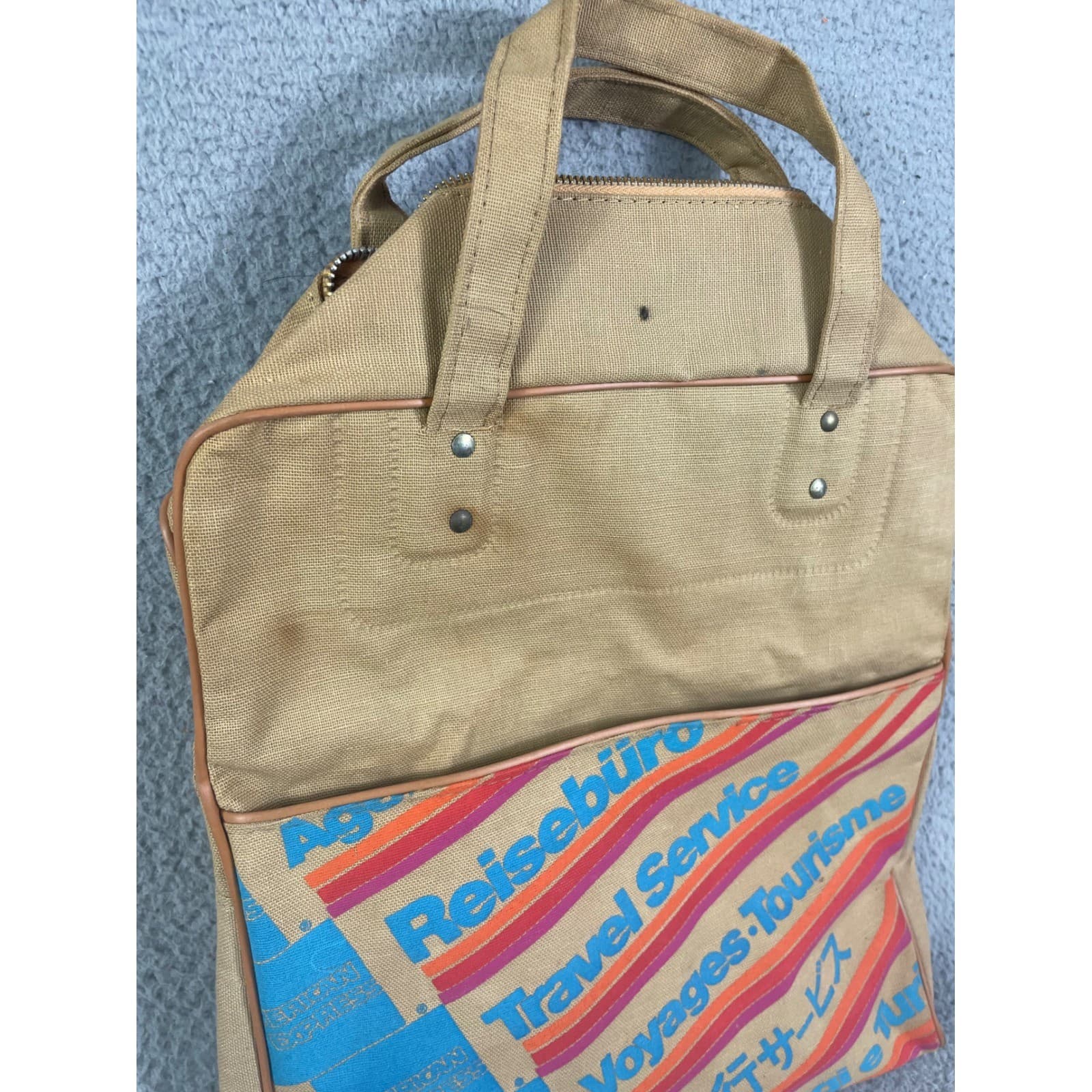 American Express Vintage Canvas Duffle Bag Beige Blue Logo Travel Weekender - Thumbnail 5