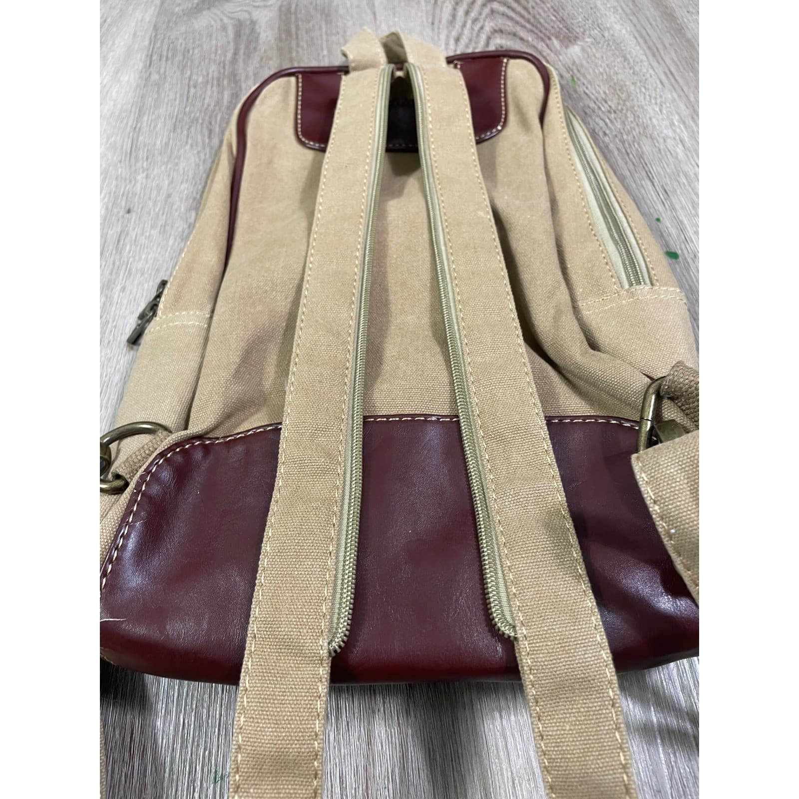 Eurosport Tan Canvas Sling Backpack Brown Faux Leather Zip Travel Bag Vintage - Thumbnail 12