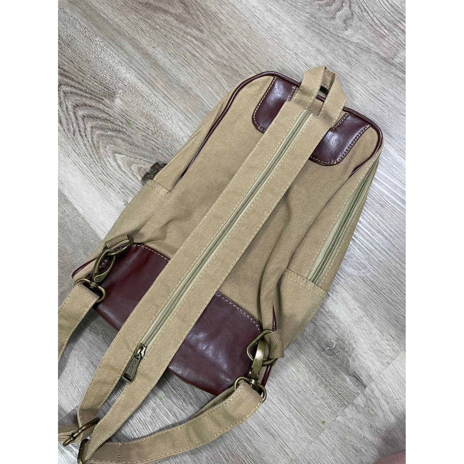 Eurosport Tan Canvas Sling Backpack Brown Faux Leather Zip Travel Bag Vintage - Thumbnail 6