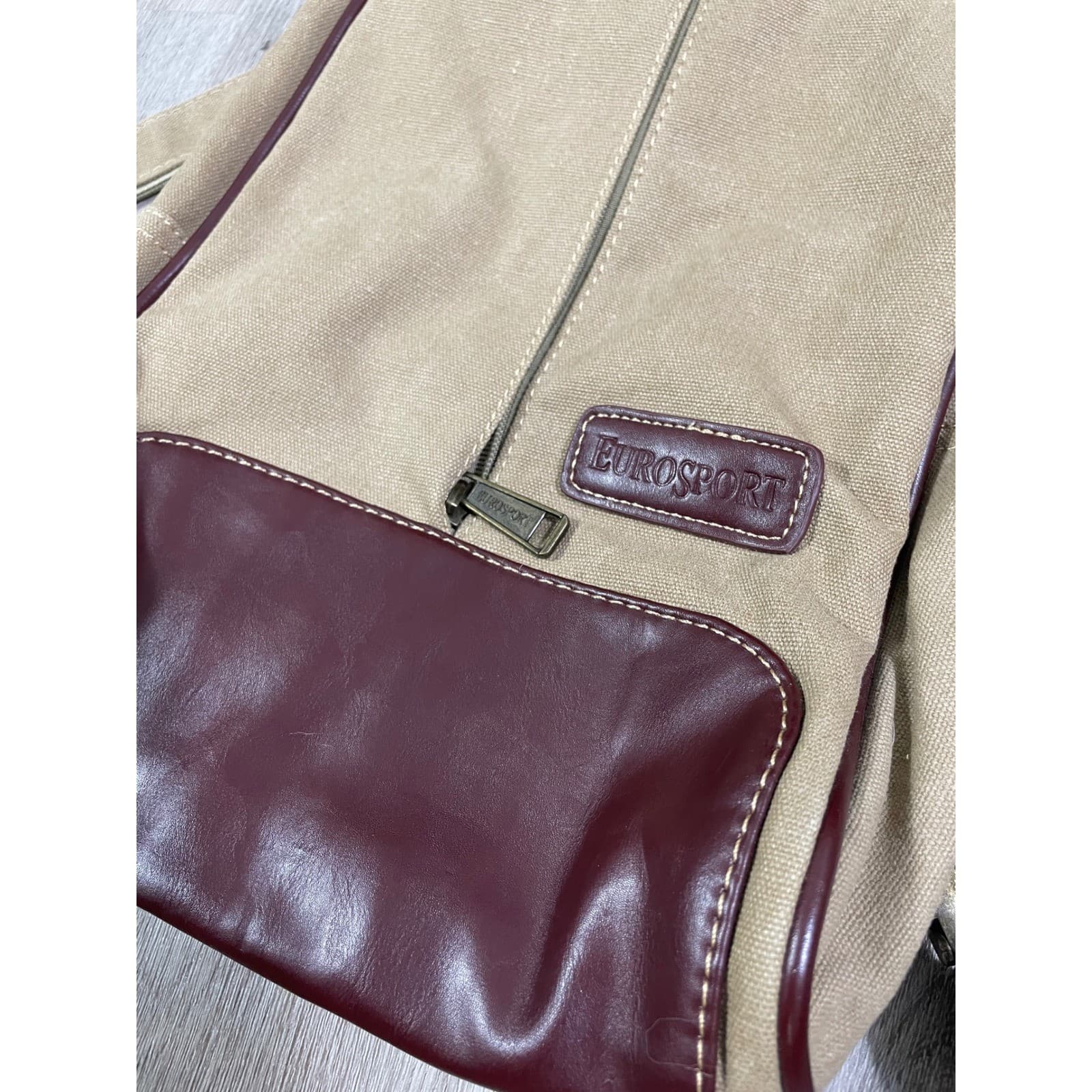 Eurosport Tan Canvas Sling Backpack Brown Faux Leather Zip Travel Bag Vintage - Thumbnail 8
