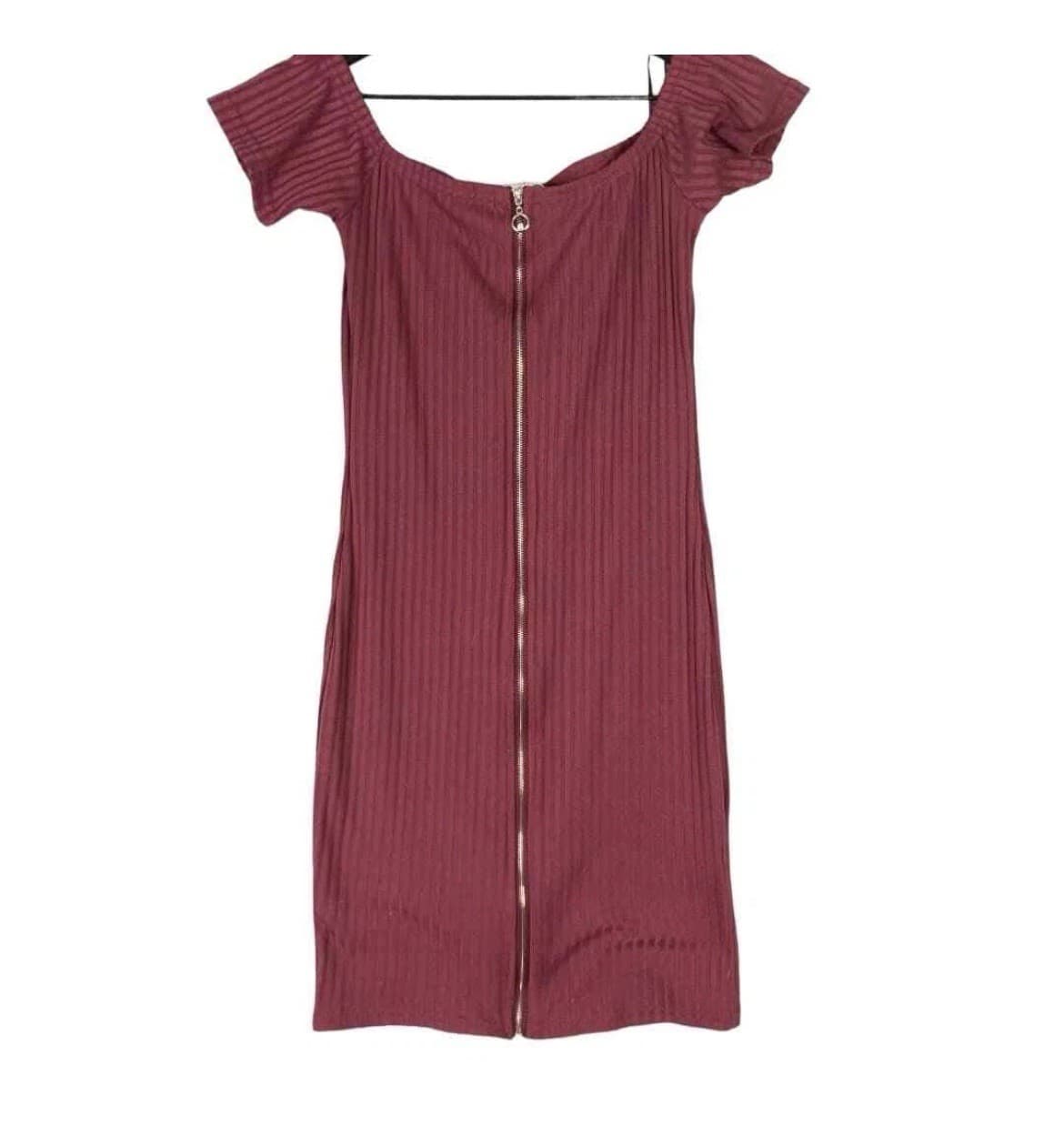 Red Zip-Up Sweater Dress Size S Short Sleeve Bodycon Knit Stretch Fall - Thumbnail 2