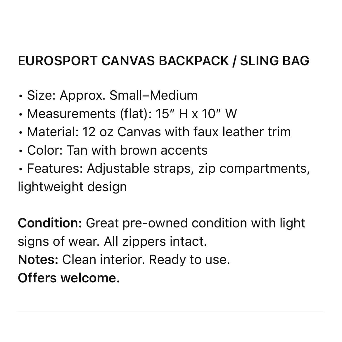 Eurosport Tan Canvas Sling Backpack Brown Faux Leather Zip Travel Bag Vintage - Thumbnail 2