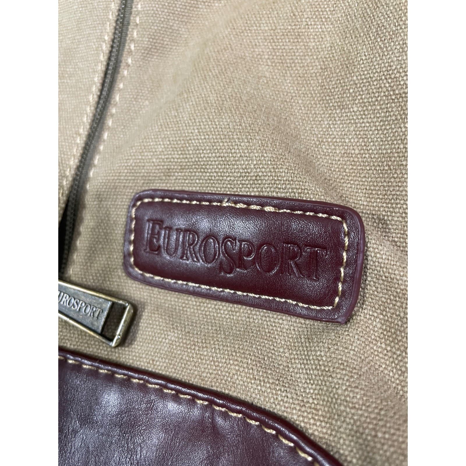 Eurosport Tan Canvas Sling Backpack Brown Faux Leather Zip Travel Bag Vintage - Thumbnail 4