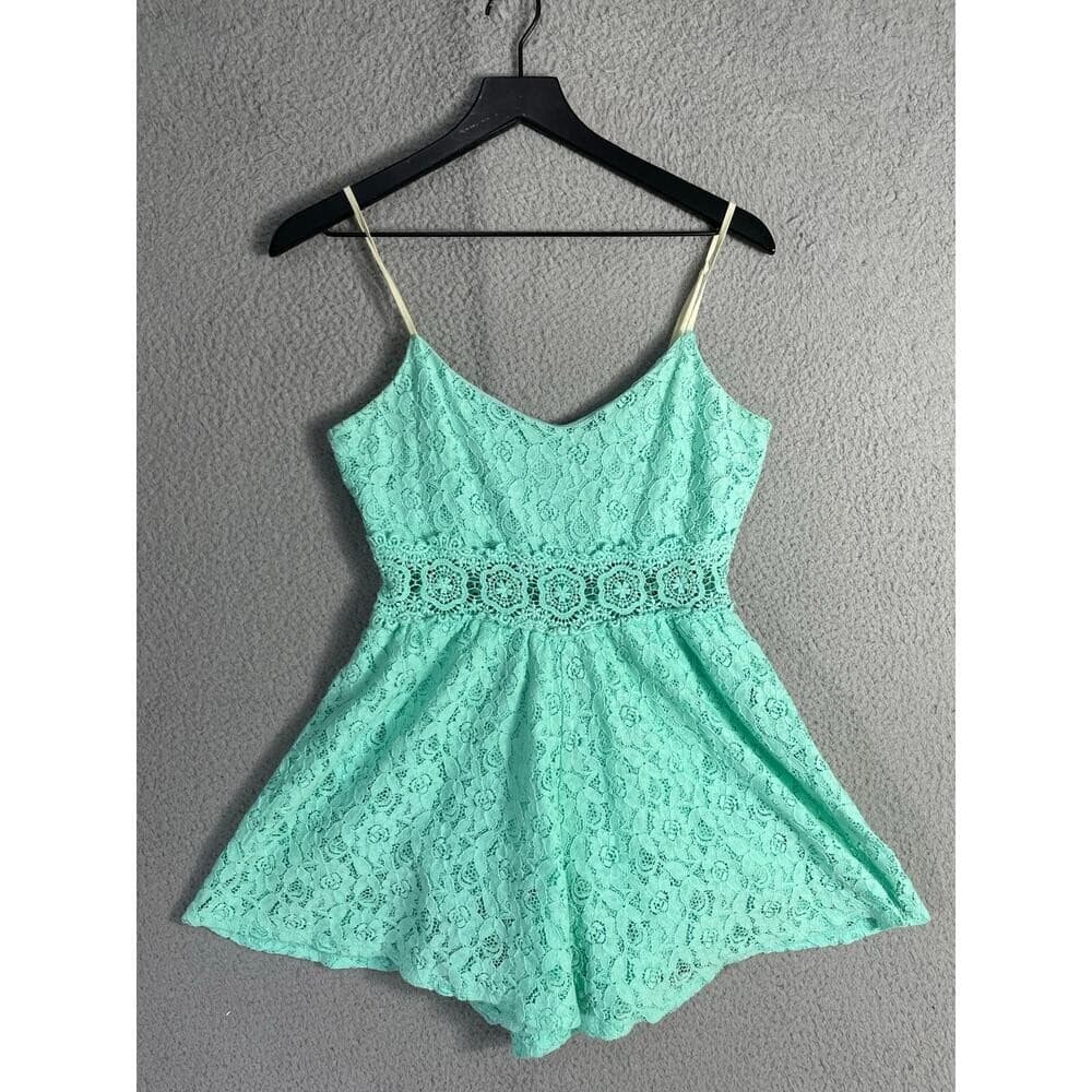 Womens Small Mint Green Lace Romper Spaghetti Strap Fit Flare Summer Outfit - Thumbnail 3