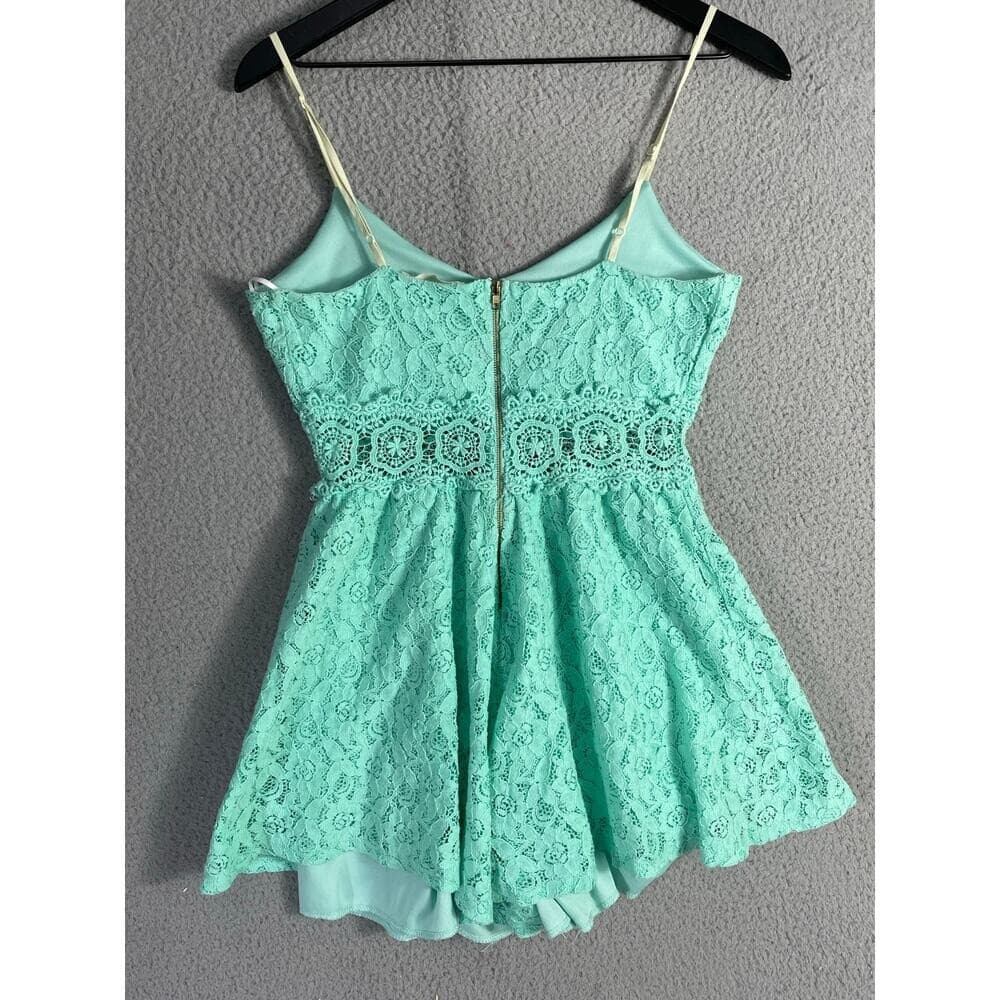 Womens Small Mint Green Lace Romper Spaghetti Strap Fit Flare Summer Outfit - Thumbnail 9