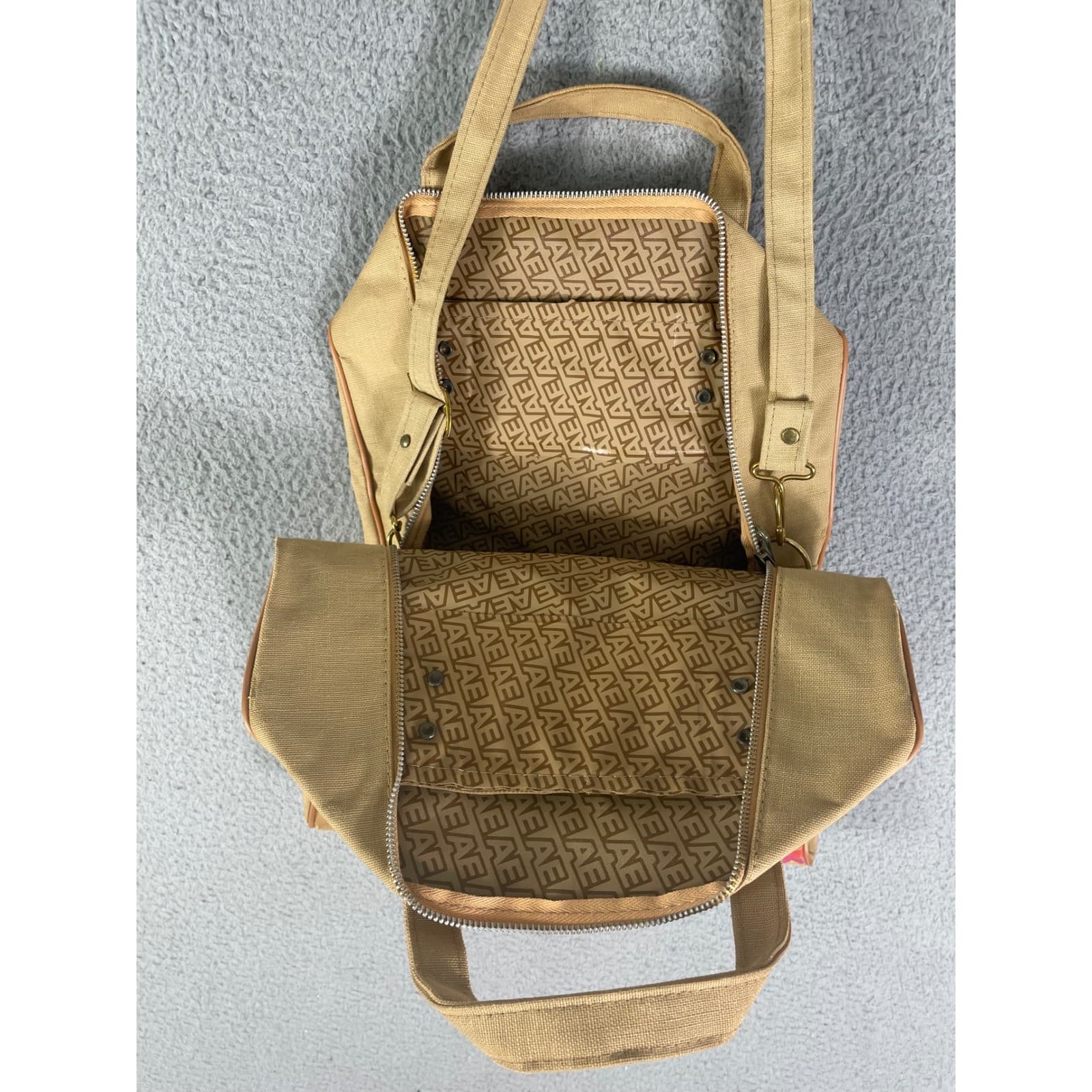 American Express Vintage Canvas Duffle Bag Beige Blue Logo Travel Weekender - Thumbnail 7