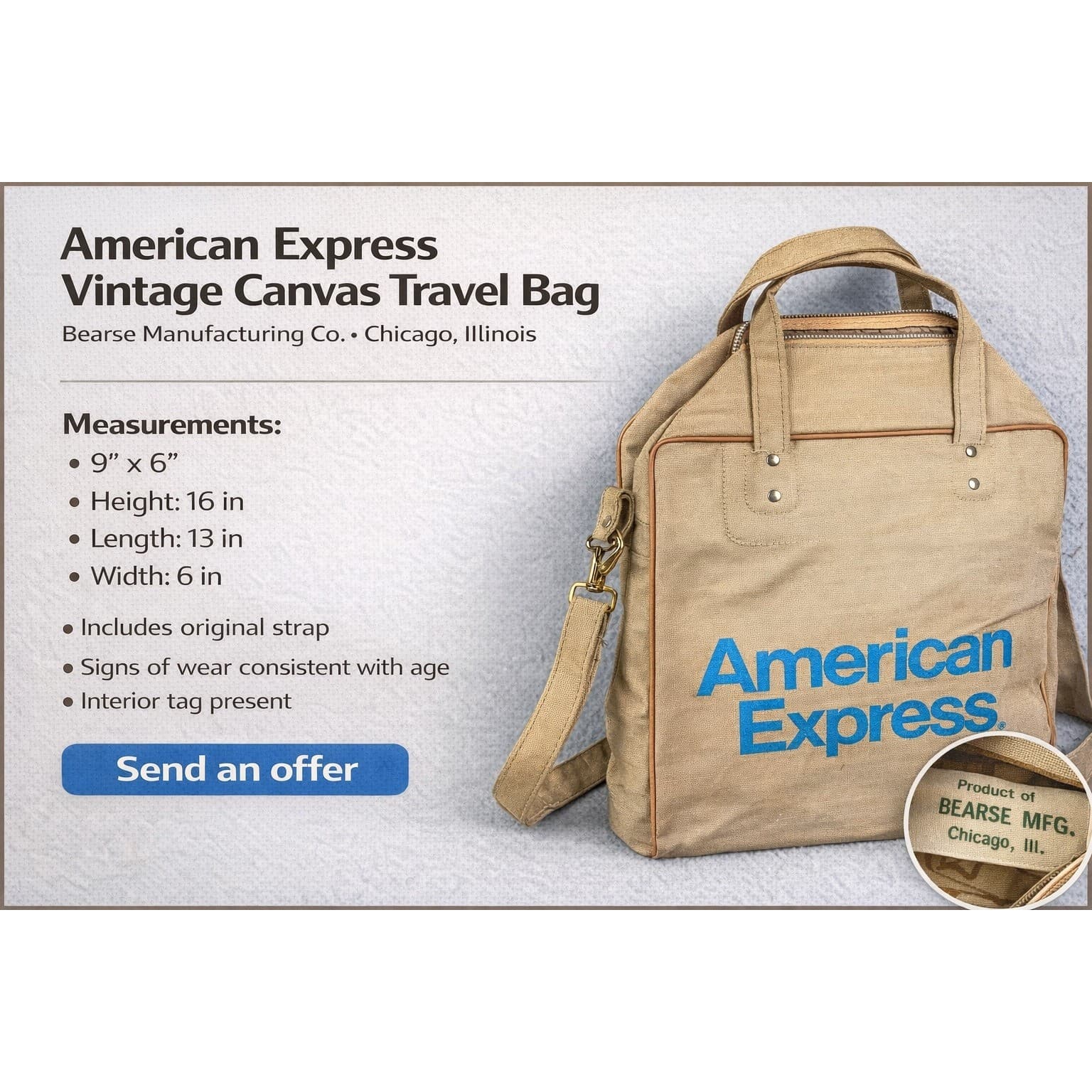 American Express Vintage Canvas Duffle Bag Beige Blue Logo Travel Weekender - Thumbnail 2