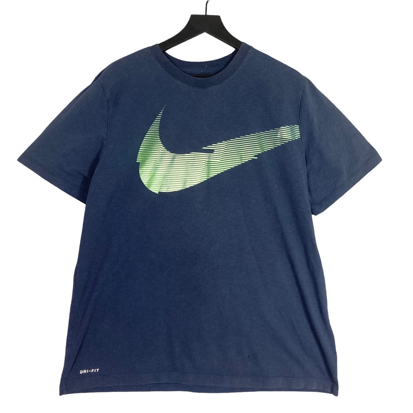 Nike Dri-Fit Mens XL Blue T Shirt Neon Green Gradient Swoosh Athletic Gym Tee