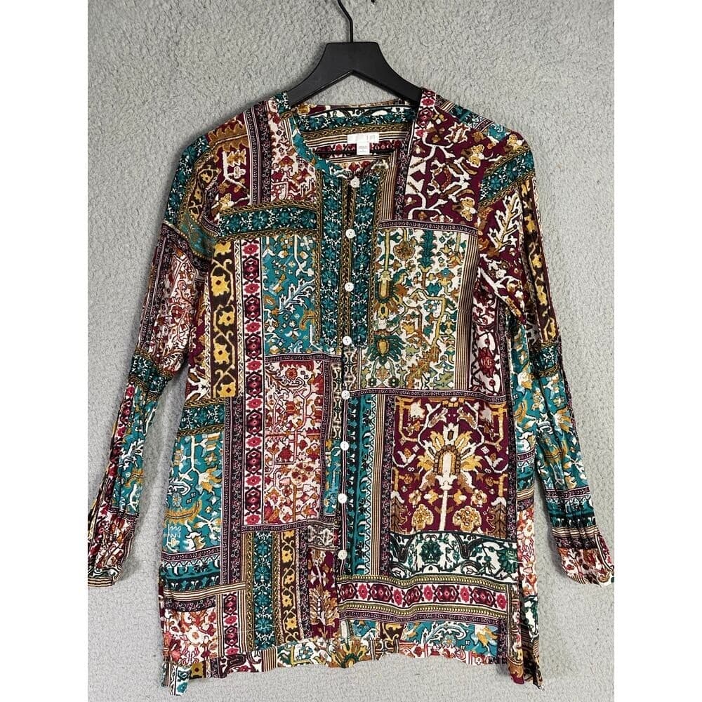 Patchwork Boho Rayon Tunic Blouse Petite Small Long Sleeve Pullover Top J.Jill - Thumbnail 3