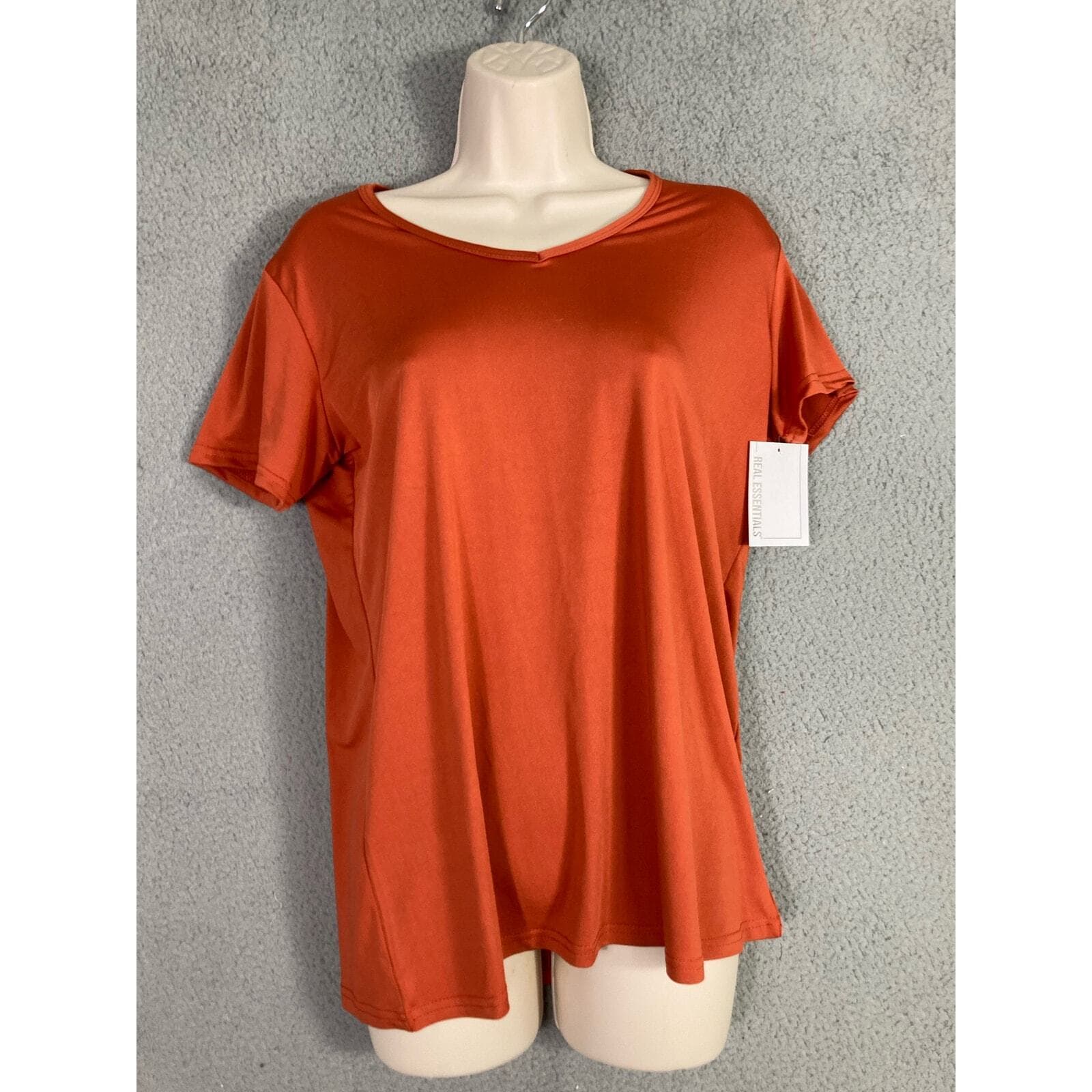 Real Essentials Womens Medium Orange V Neck Athletic Workout Gym Active Tee - Thumbnail 11