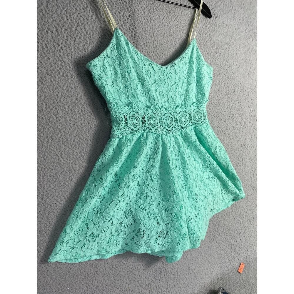 Womens Small Mint Green Lace Romper Spaghetti Strap Fit Flare Summer Outfit - Thumbnail 6