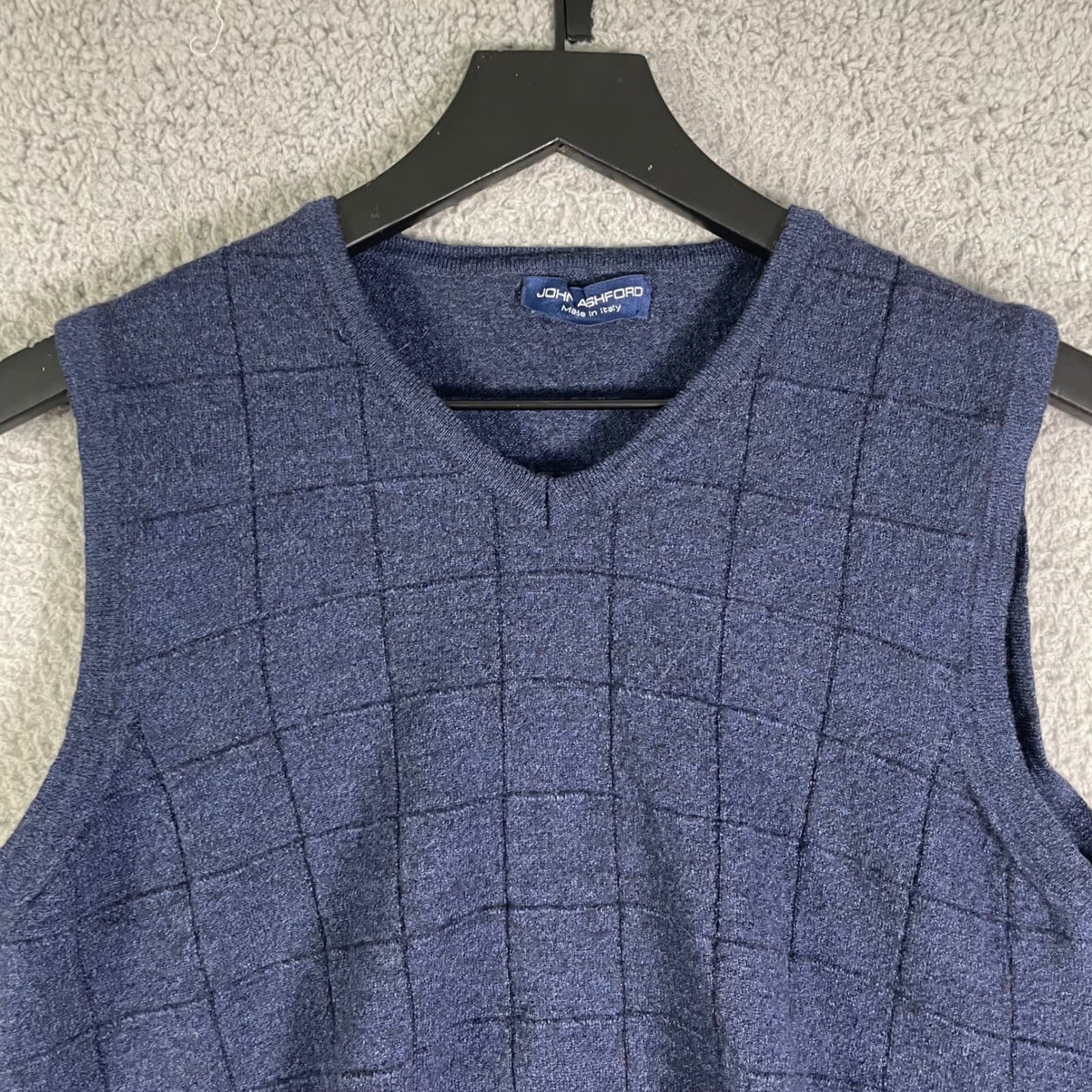 John Ashford Navy Blue V-Neck Sweater Vest Textured Knit Made in Italy Mens - Thumbnail 5