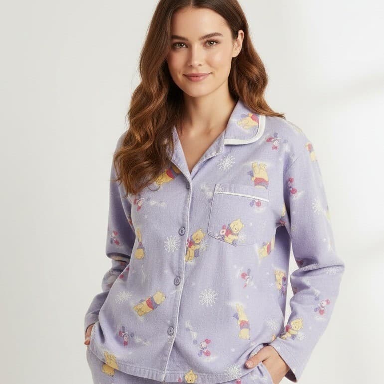 Disney Winnie Pooh Pajama Top Womens Medium Flannel Button Sleep Shirt Cute