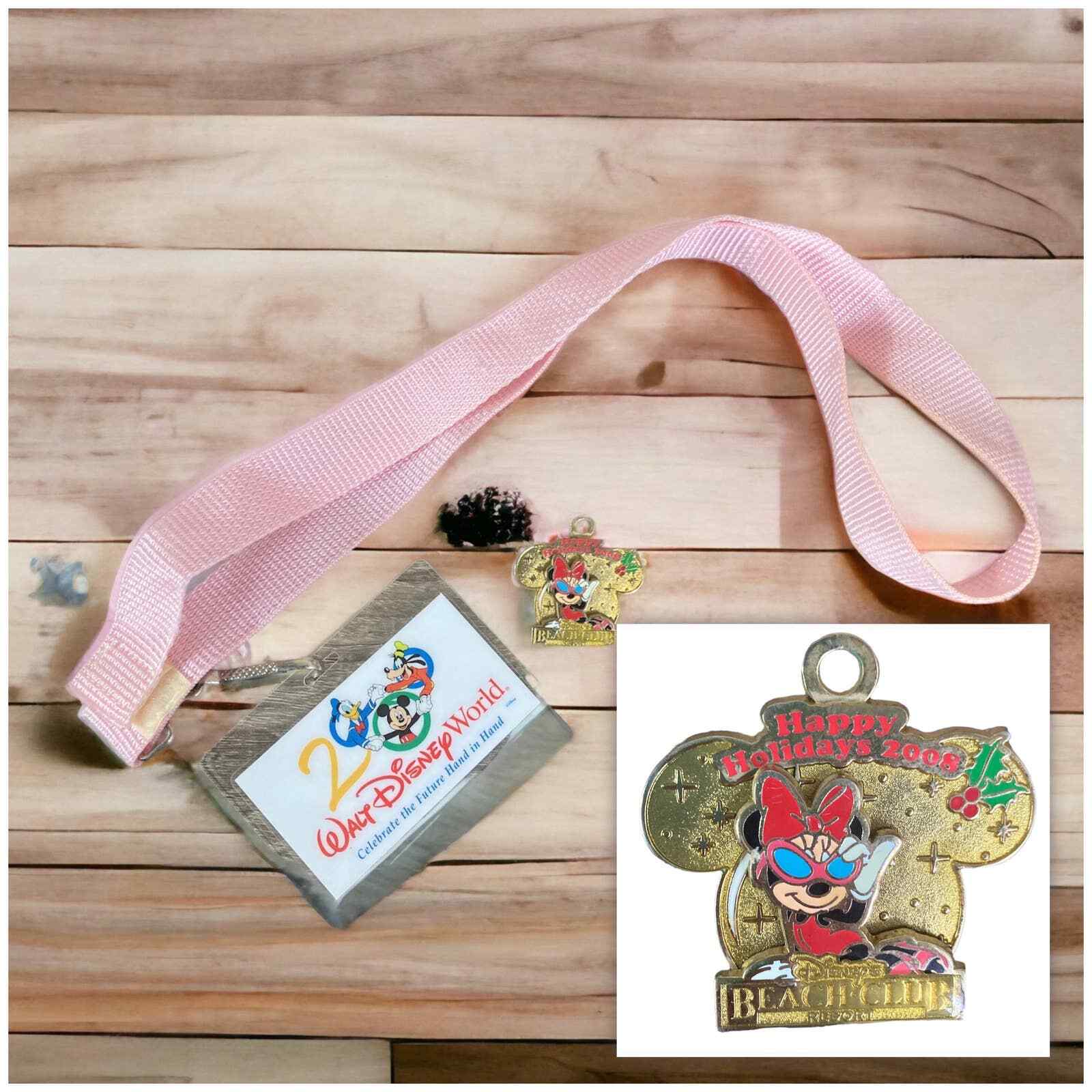 Disney World Vintage Lanyard Lot – 2000 Pink Strap, 2008 Beach Club Mickey Card