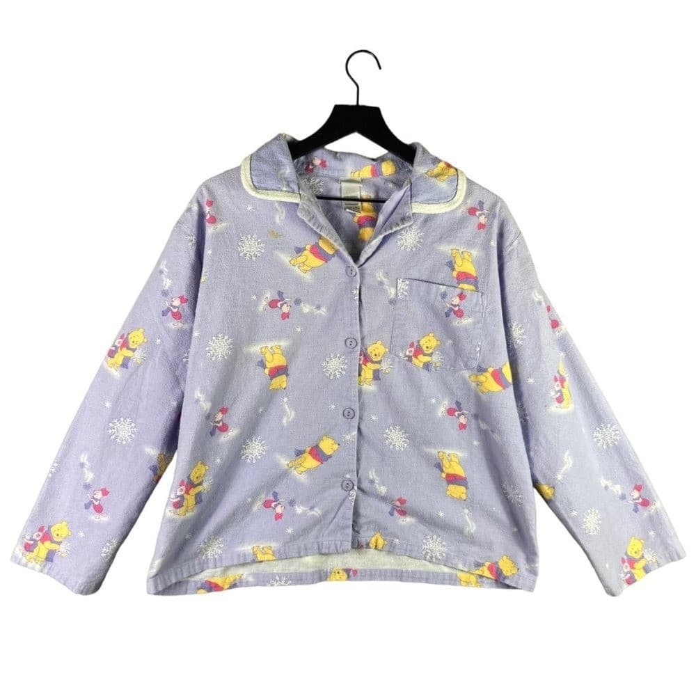 Disney Winnie Pooh Pajama Top Womens Medium Flannel Button Sleep Shirt Cute - Thumbnail 2